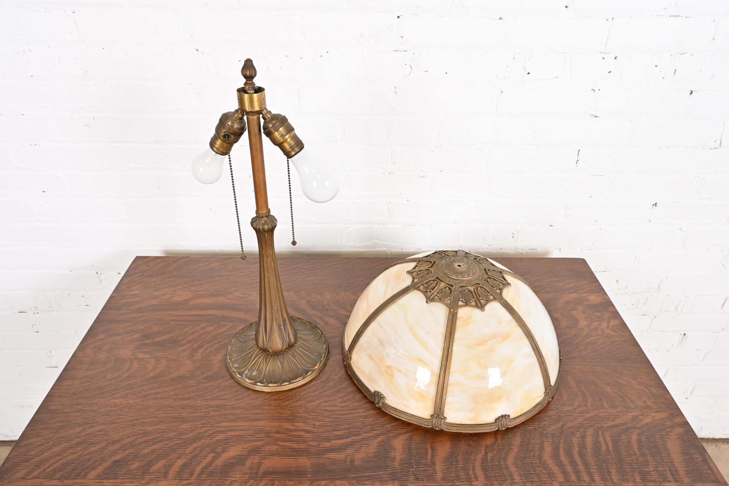 Antique Art Nouveau Bronze and Slag Glass Table Lamp in the Manner of Handel 2