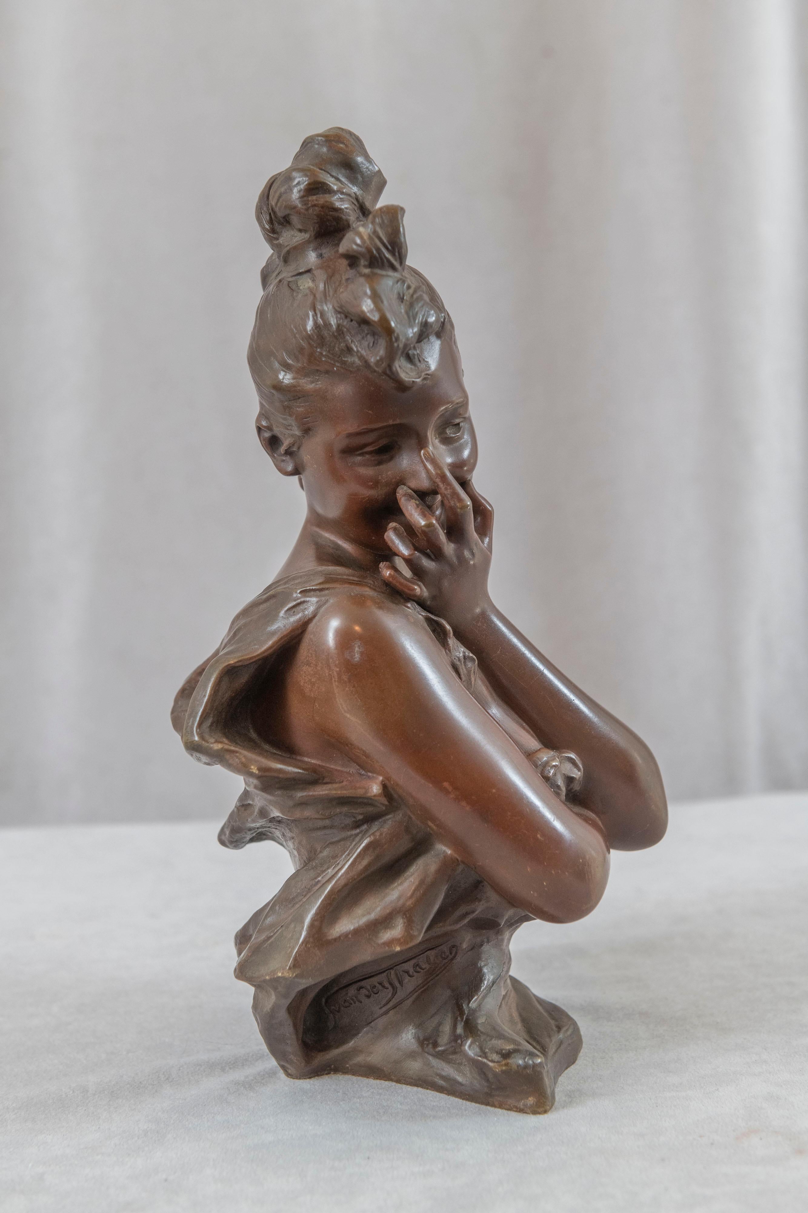 French Antique Art Nouveau Bronze Bust Signed Georges van der Straeten (1856-1941) For Sale