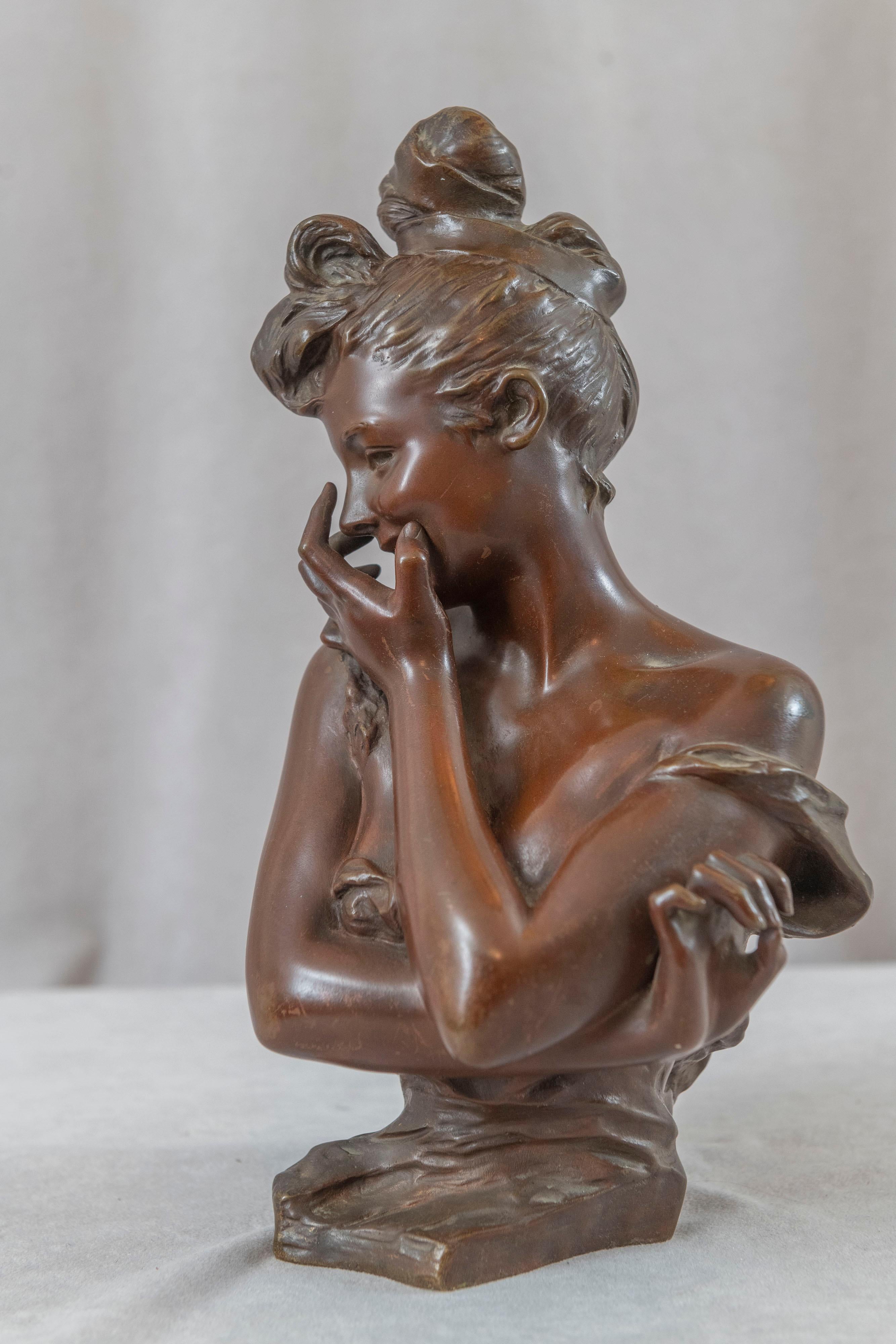 Antique Art Nouveau Bronze Bust Signed Georges van der Straeten (1856-1941) 3