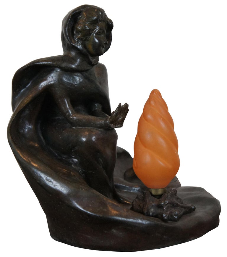 Antique Art Nouveau Bronze Figural Campfire Lamp Georges Van Der Straeten  For Sale at 1stDibs