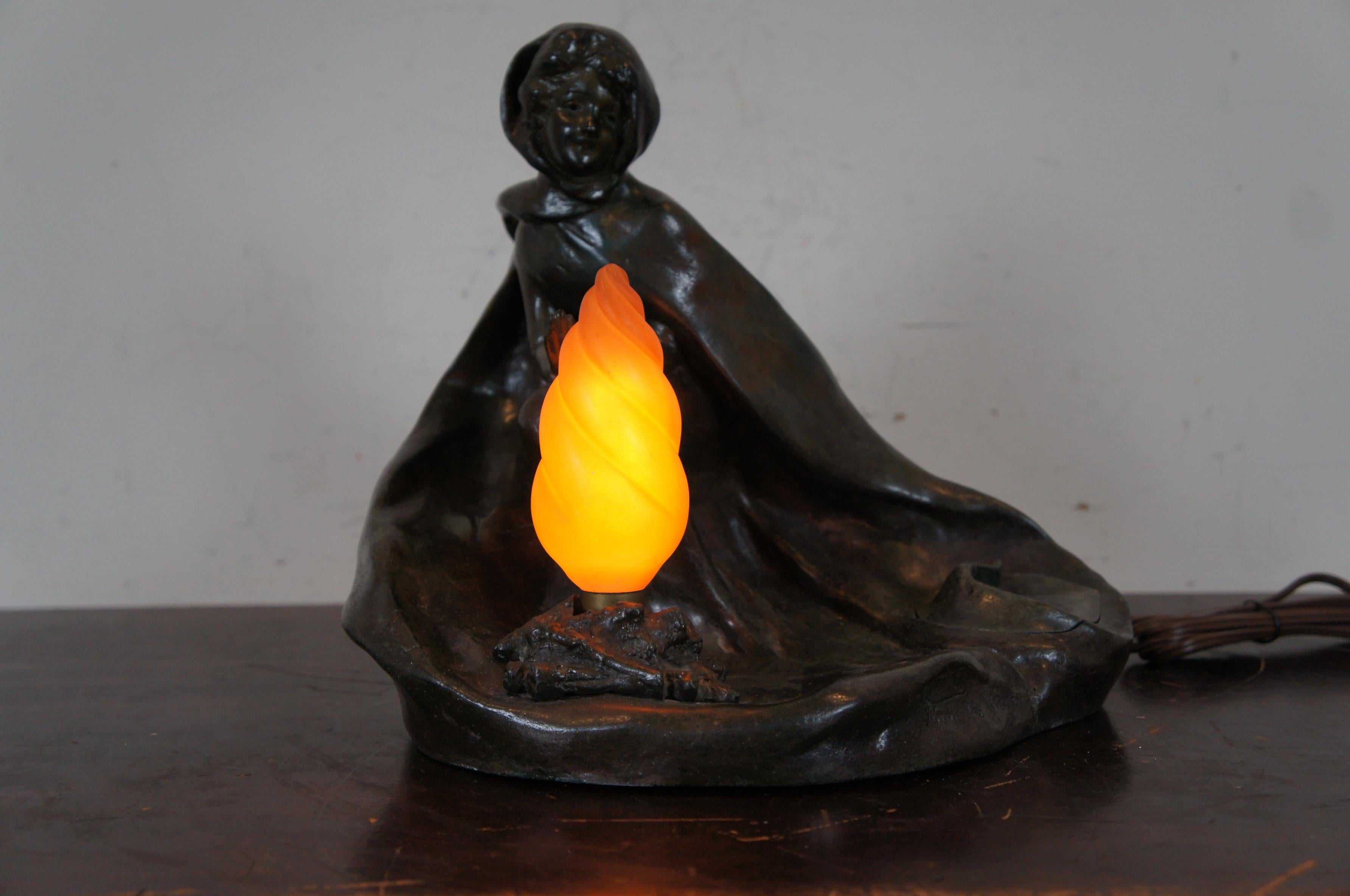 Antique Art Nouveau Bronze Figural Campfire Lamp Georges Van Der Straeten For Sale 2