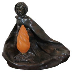 Antique Art Nouveau Bronze Figural Campfire Lamp Georges Van Der Straeten