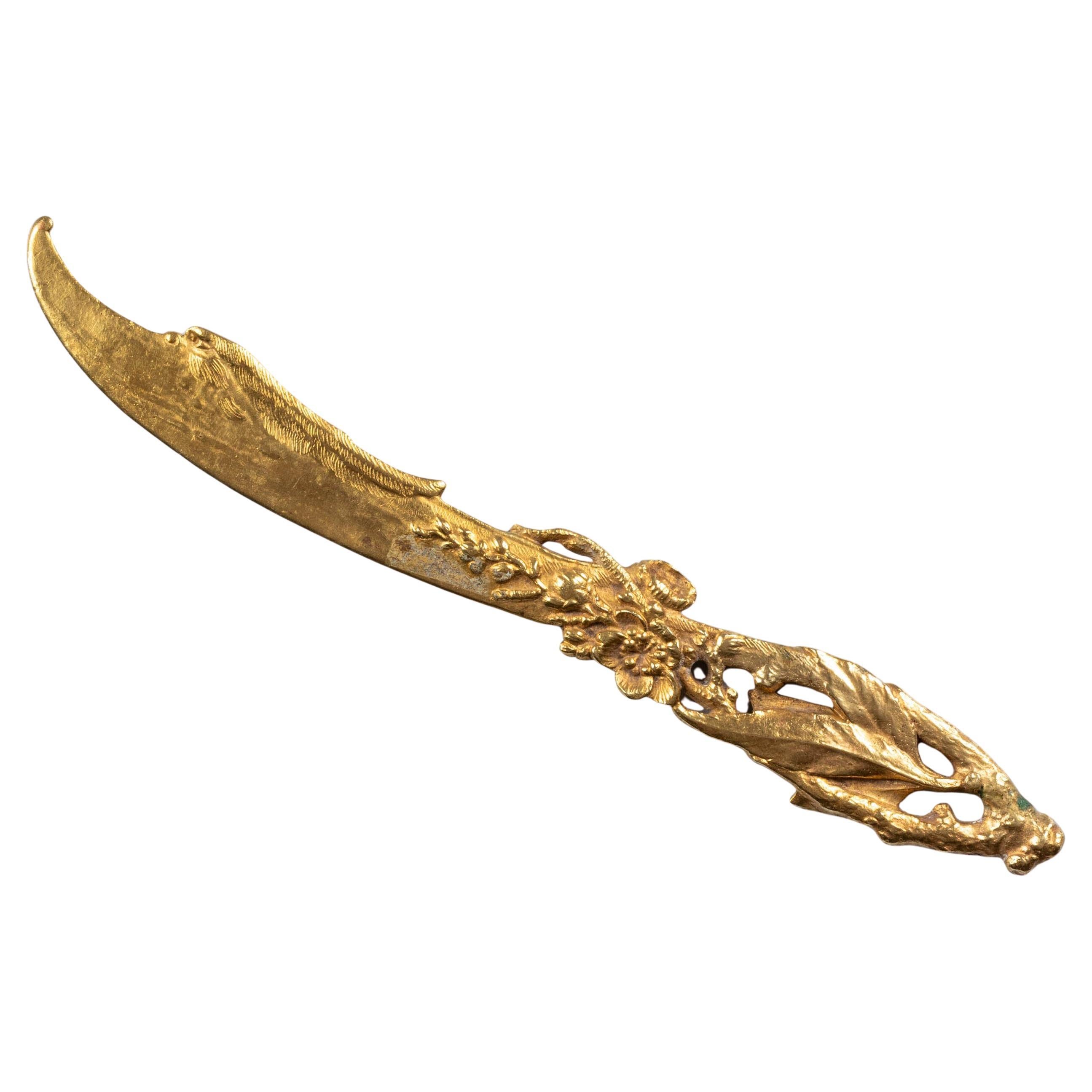 Ouvre-lettres ancien Art Nouveau Bronze doré Nature Floral Accessoire de bureau