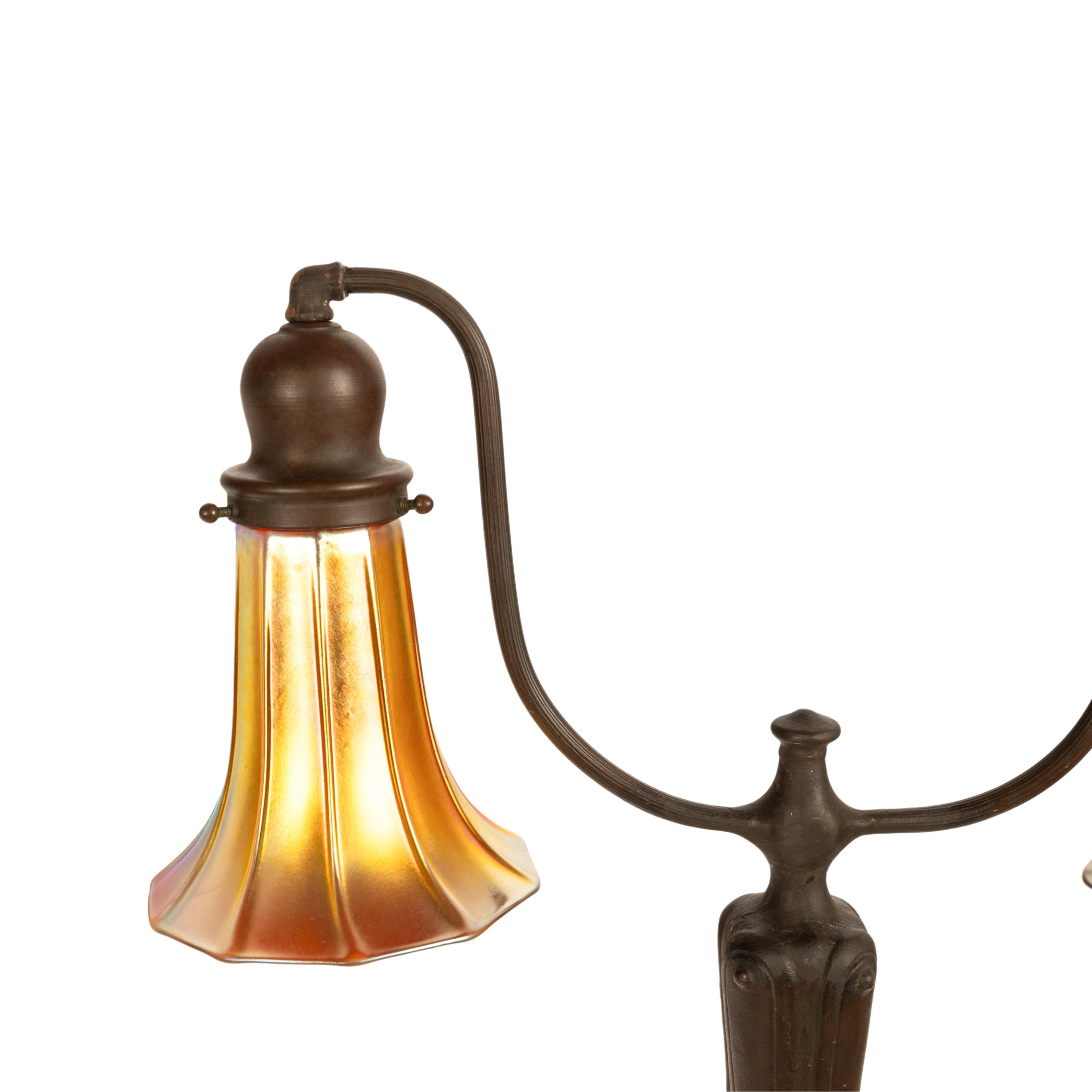 Antique Art Nouveau Bronze Handel Table Lamp Steuben Aurene Glass Shades 1910 6