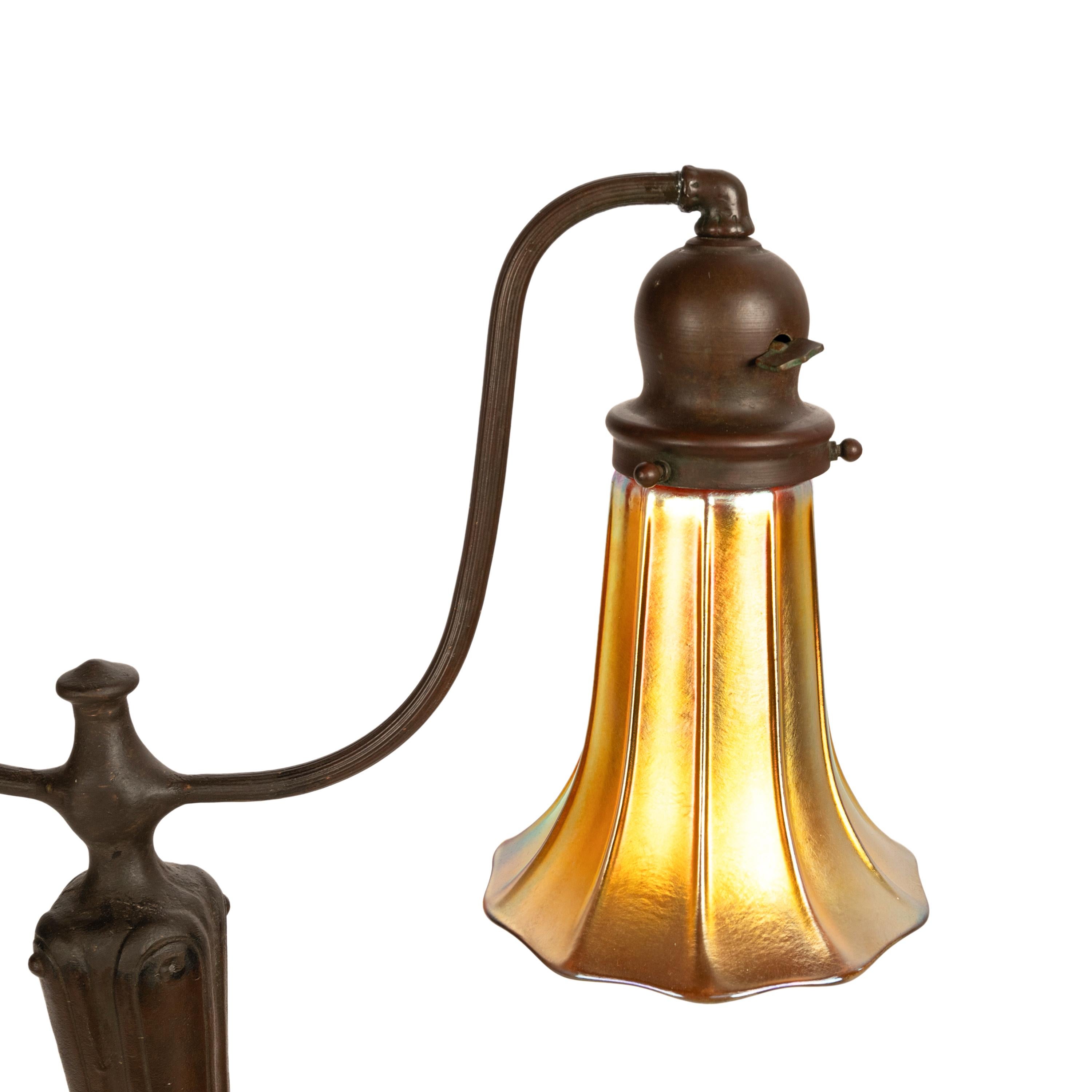 Antique Art Nouveau Bronze Handel Table Lamp Steuben Aurene Glass Shades 1910 7