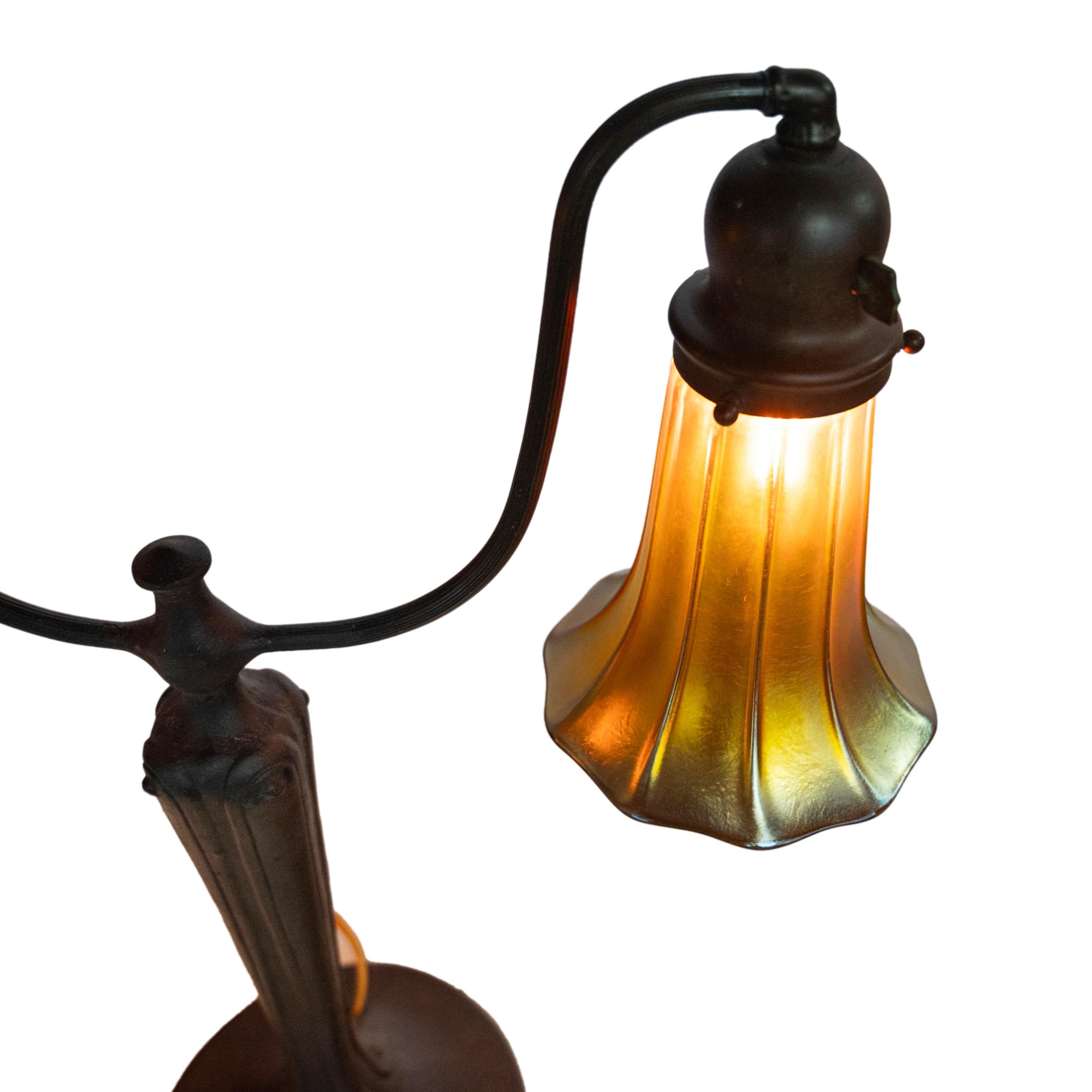 Antique Art Nouveau Bronze Handel Table Lamp Steuben Aurene Glass Shades 1910 9