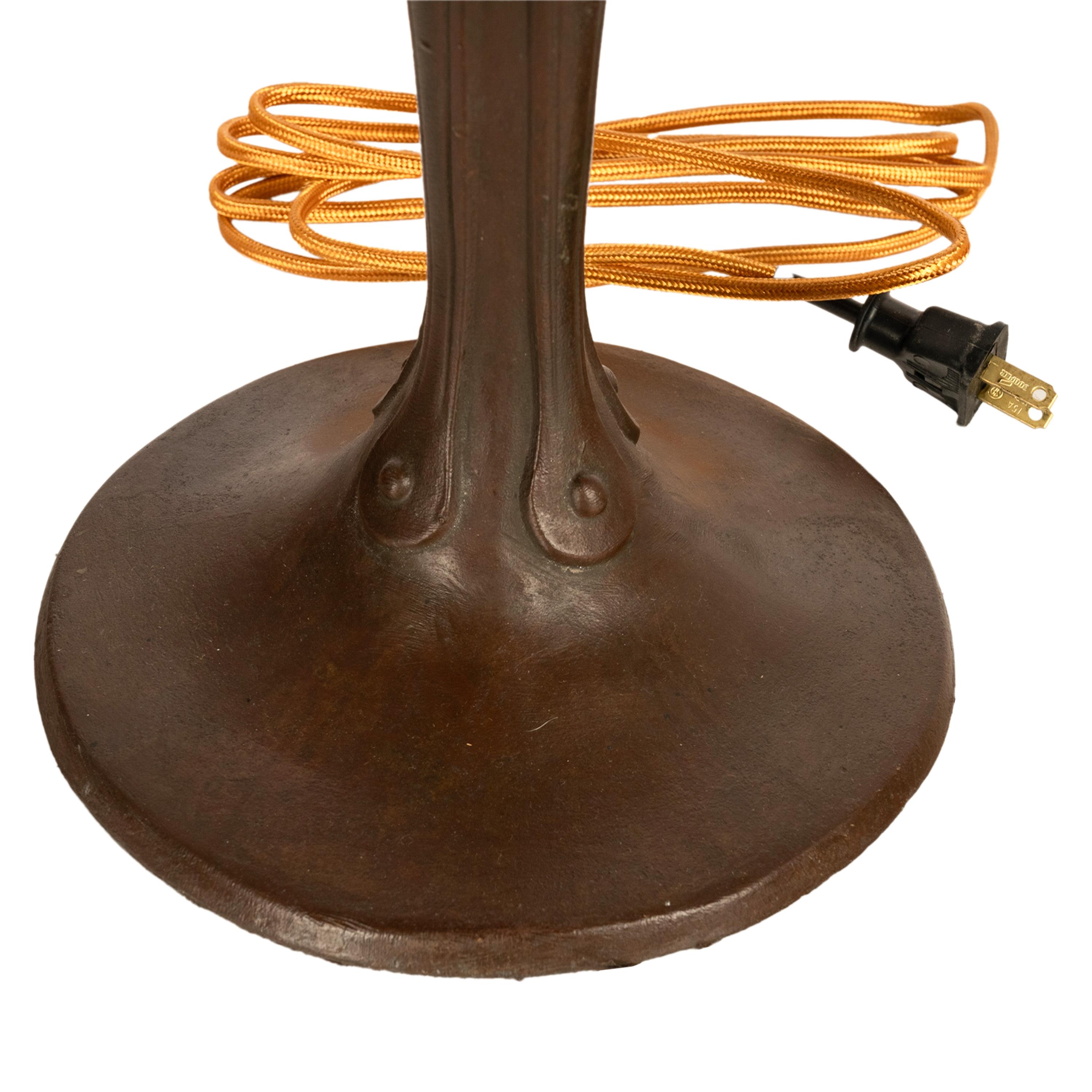 Antique Art Nouveau Bronze Handel Table Lamp Steuben Aurene Glass Shades 1910 10