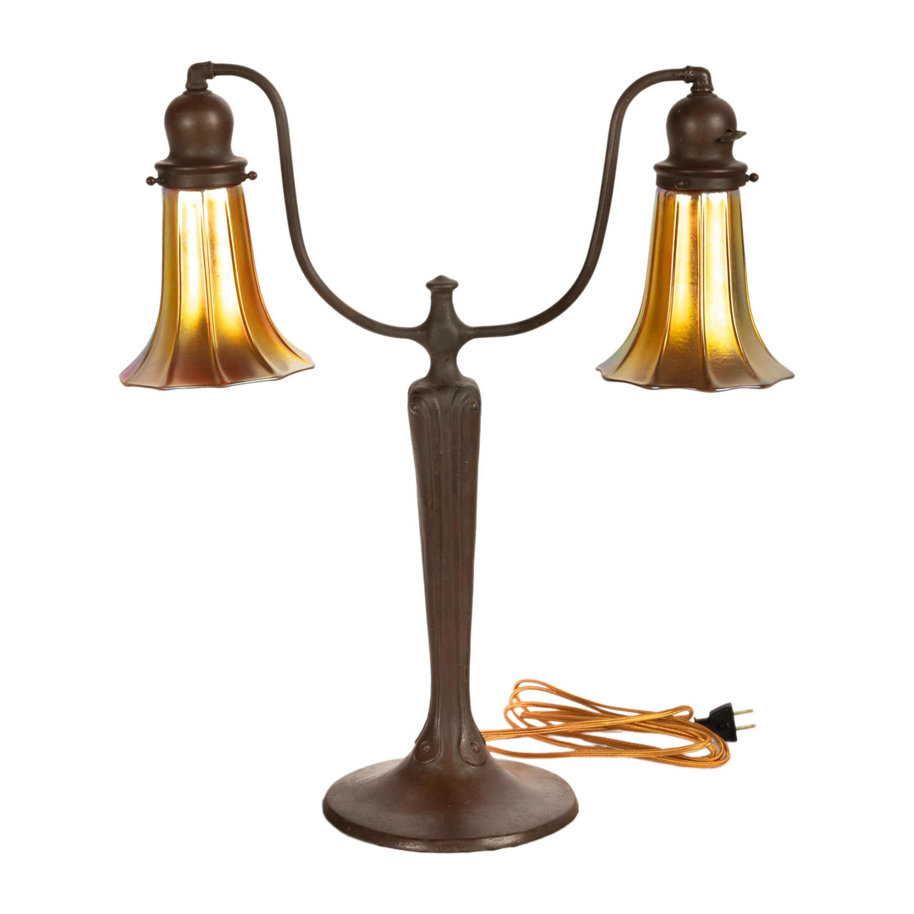 American Antique Art Nouveau Bronze Handel Table Lamp Steuben Aurene Glass Shades 1910