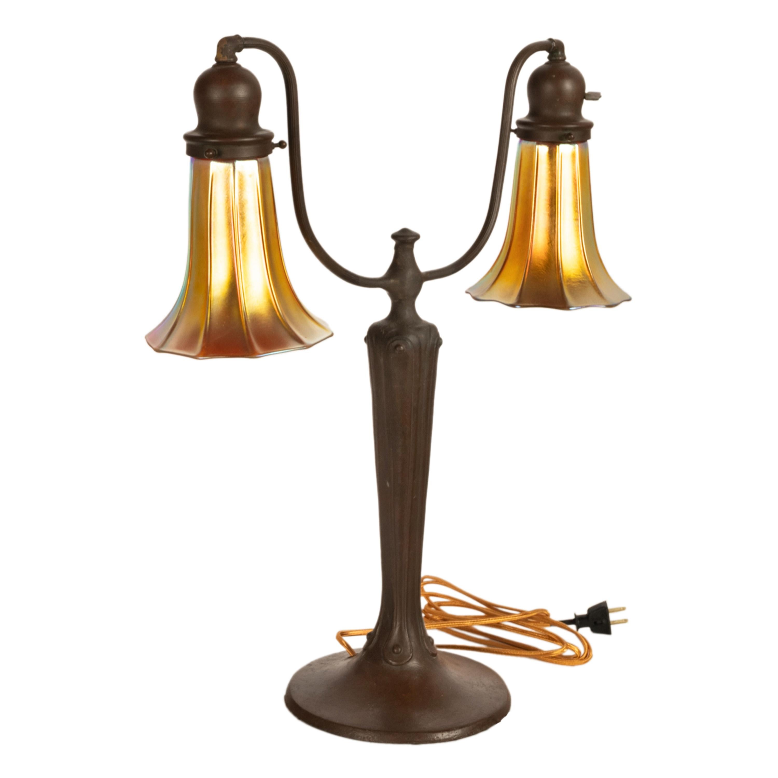Early 20th Century Antique Art Nouveau Bronze Handel Table Lamp Steuben Aurene Glass Shades 1910