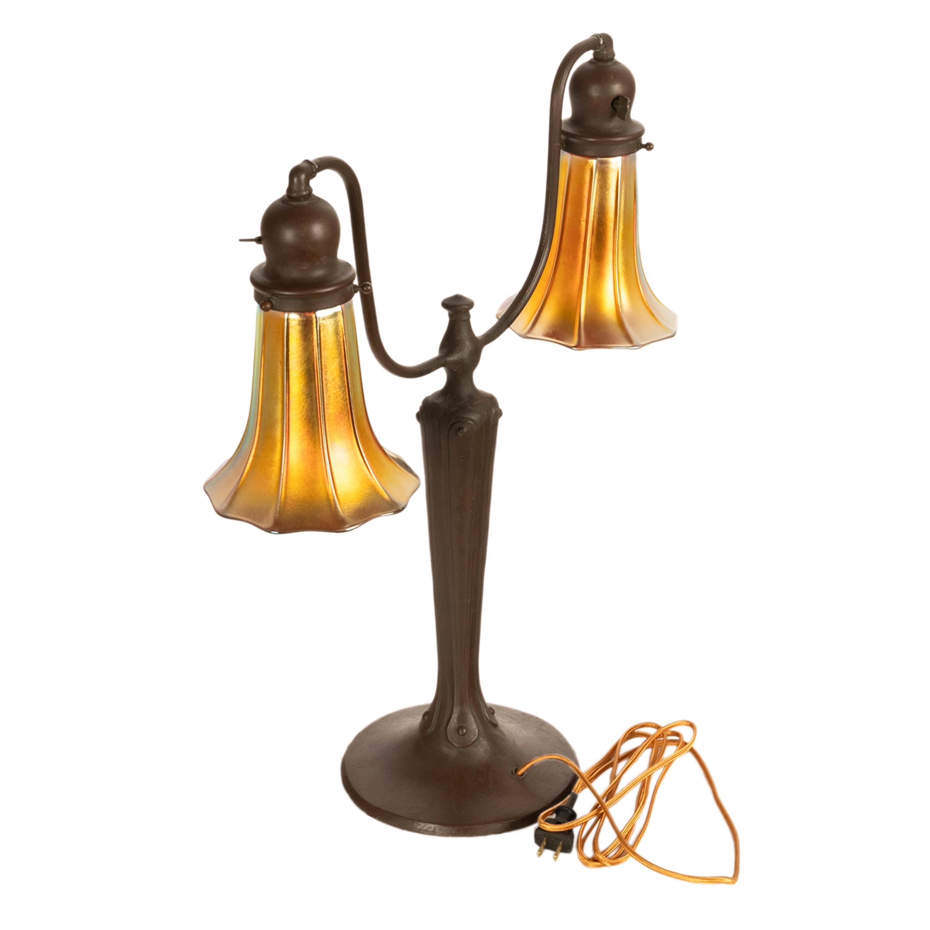 Antique Art Nouveau Bronze Handel Table Lamp Steuben Aurene Glass Shades 1910 1