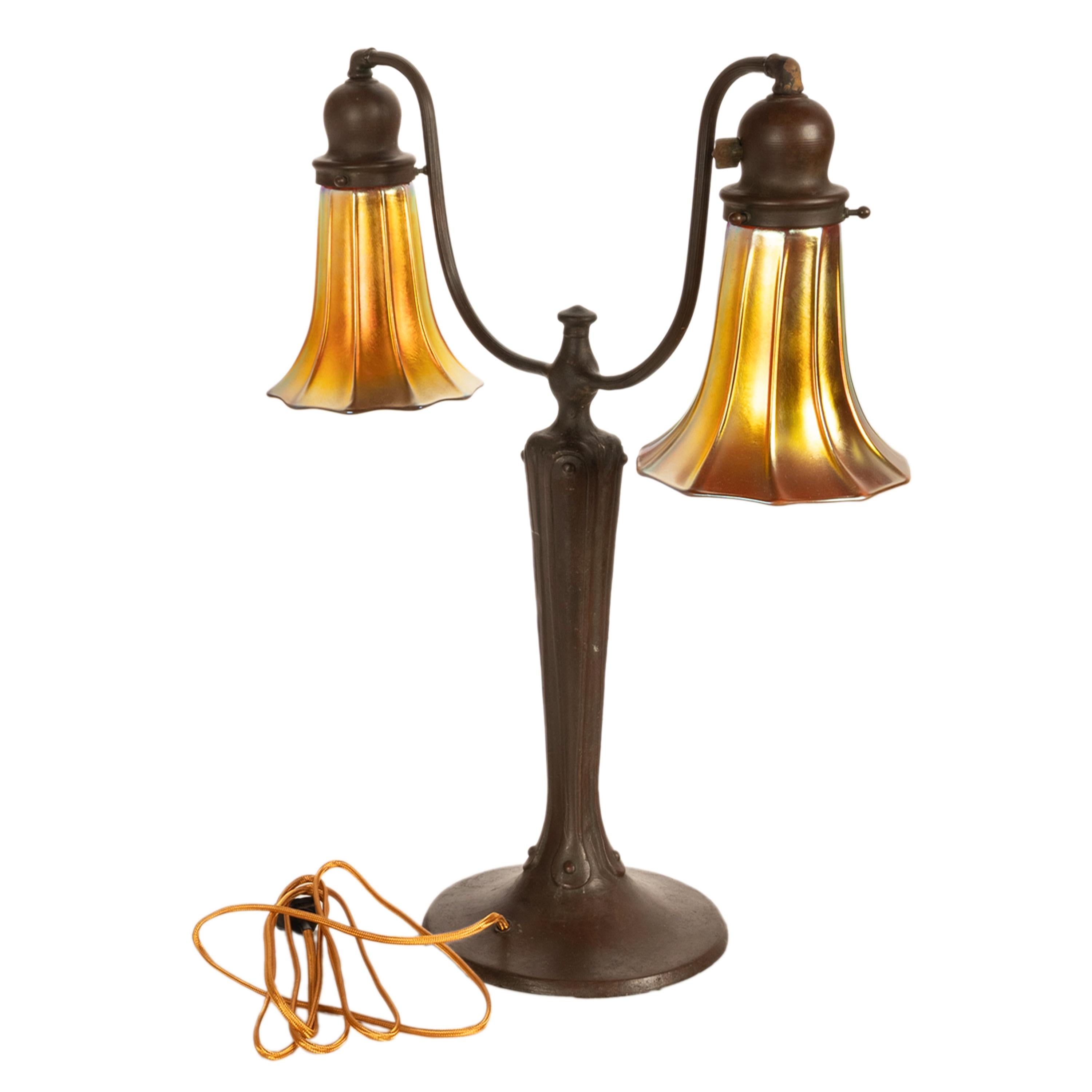 Antique Art Nouveau Bronze Handel Table Lamp Steuben Aurene Glass Shades 1910 2