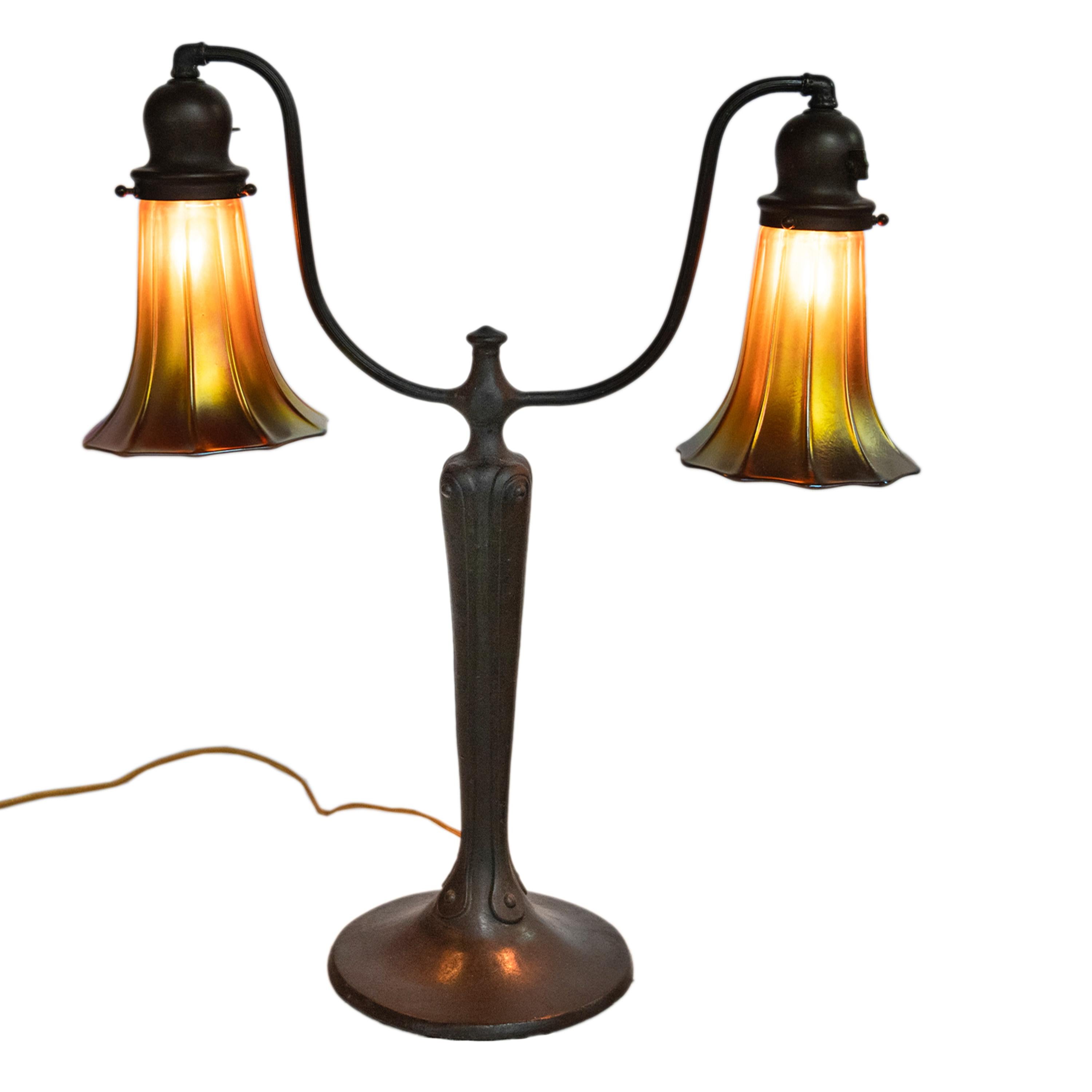 Antique Art Nouveau Bronze Handel Table Lamp Steuben Aurene Glass Shades 1910 3