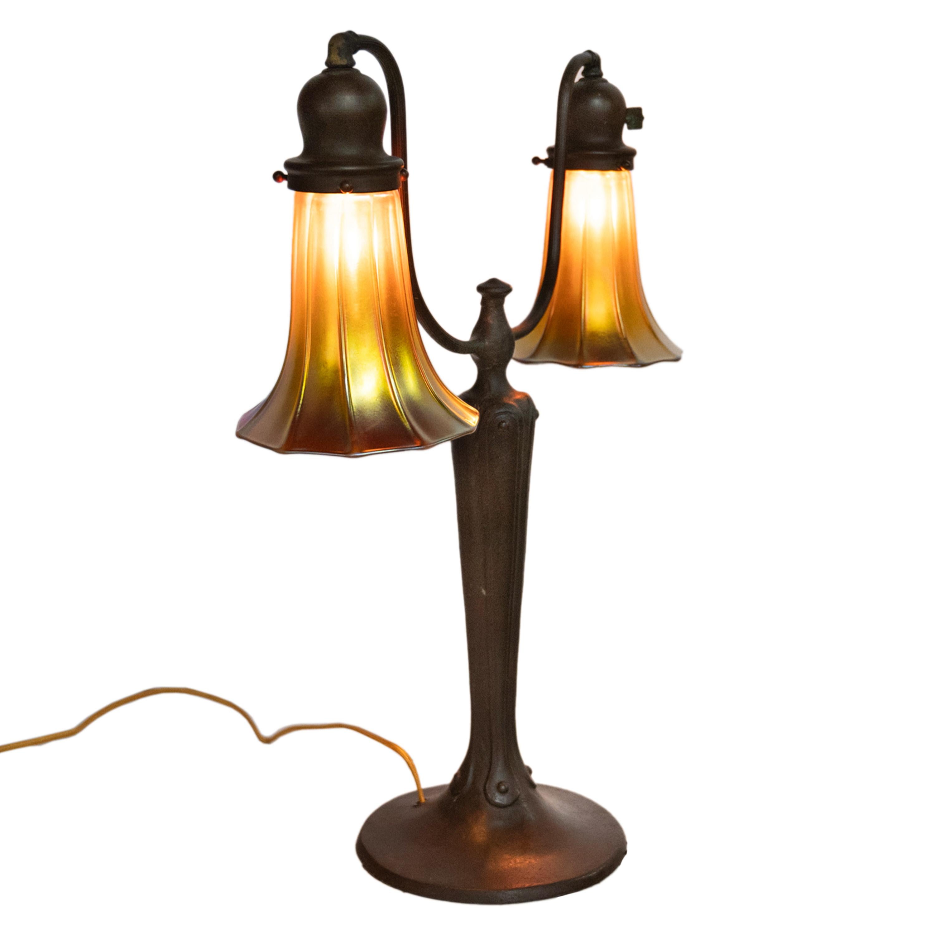 Antique Art Nouveau Bronze Handel Table Lamp Steuben Aurene Glass Shades 1910 4