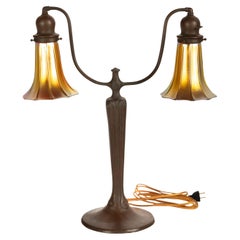 Antique Art Nouveau Bronze Handel Table Lamp Steuben Aurene Glass Shades 1910