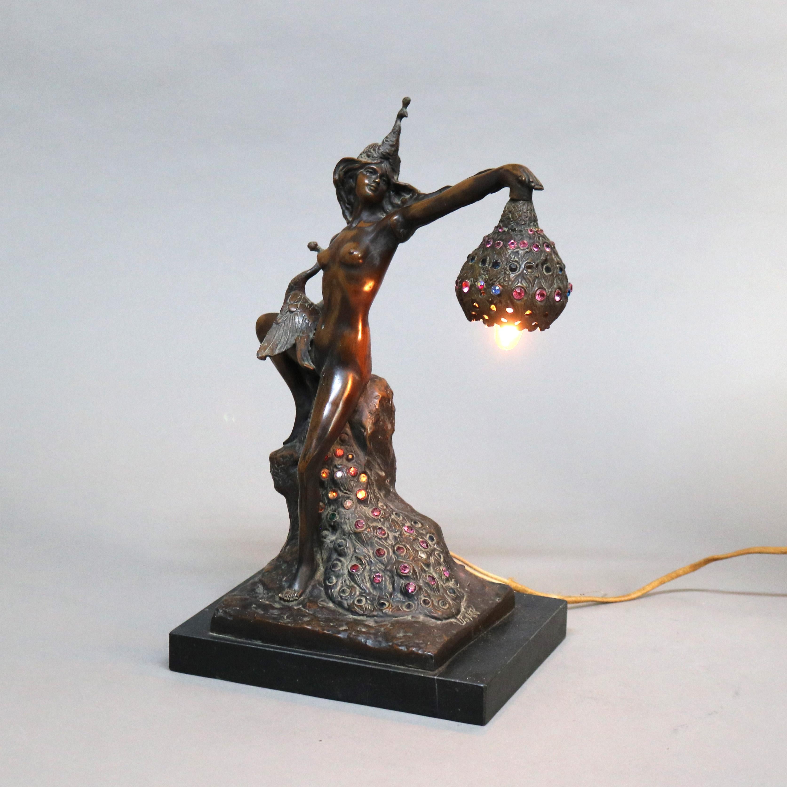 Antique Art Nouveau Bronze & Jeweled Figural Table Lamp with Dancing Woman C1900 5
