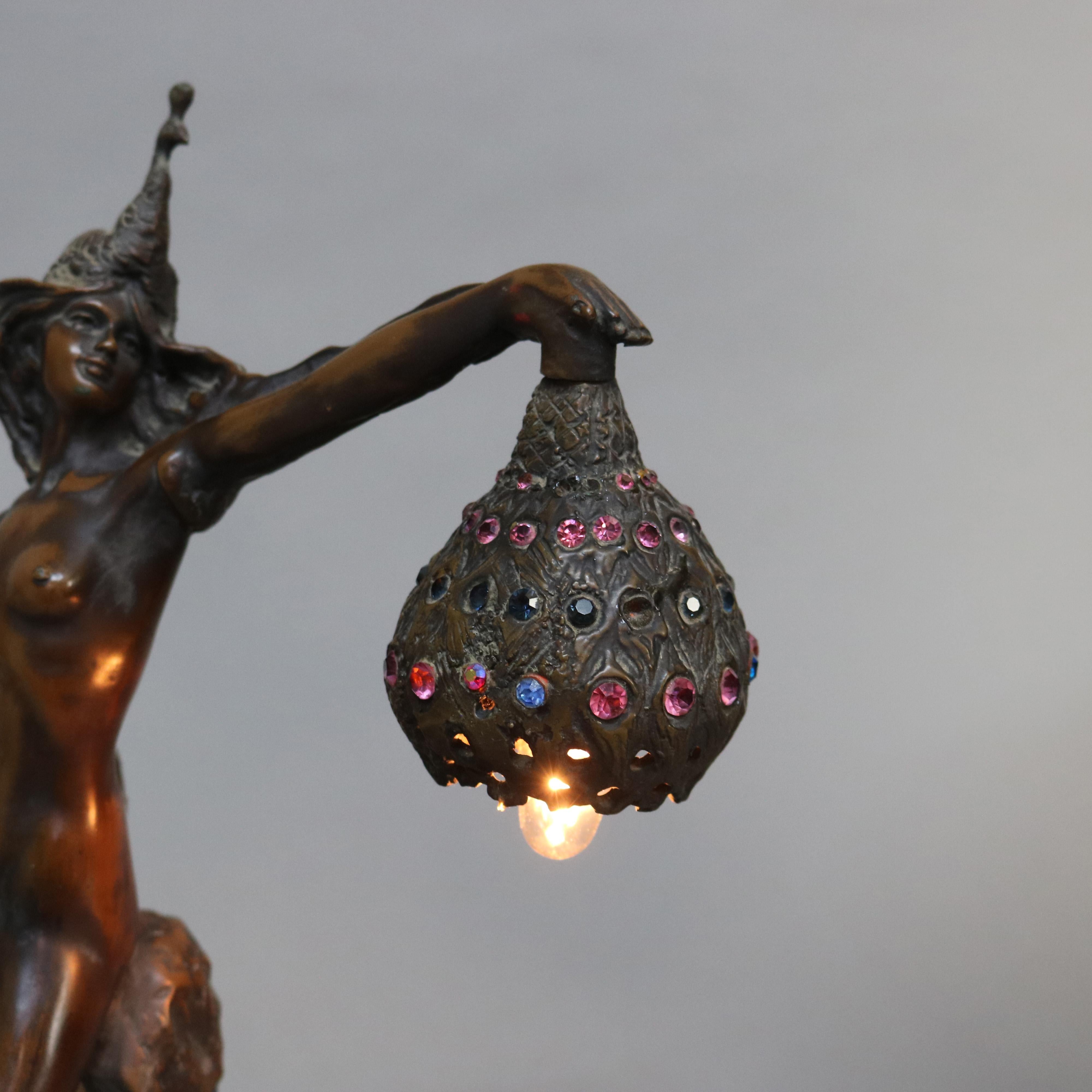 Antique Art Nouveau Bronze & Jeweled Figural Table Lamp with Dancing Woman C1900 6