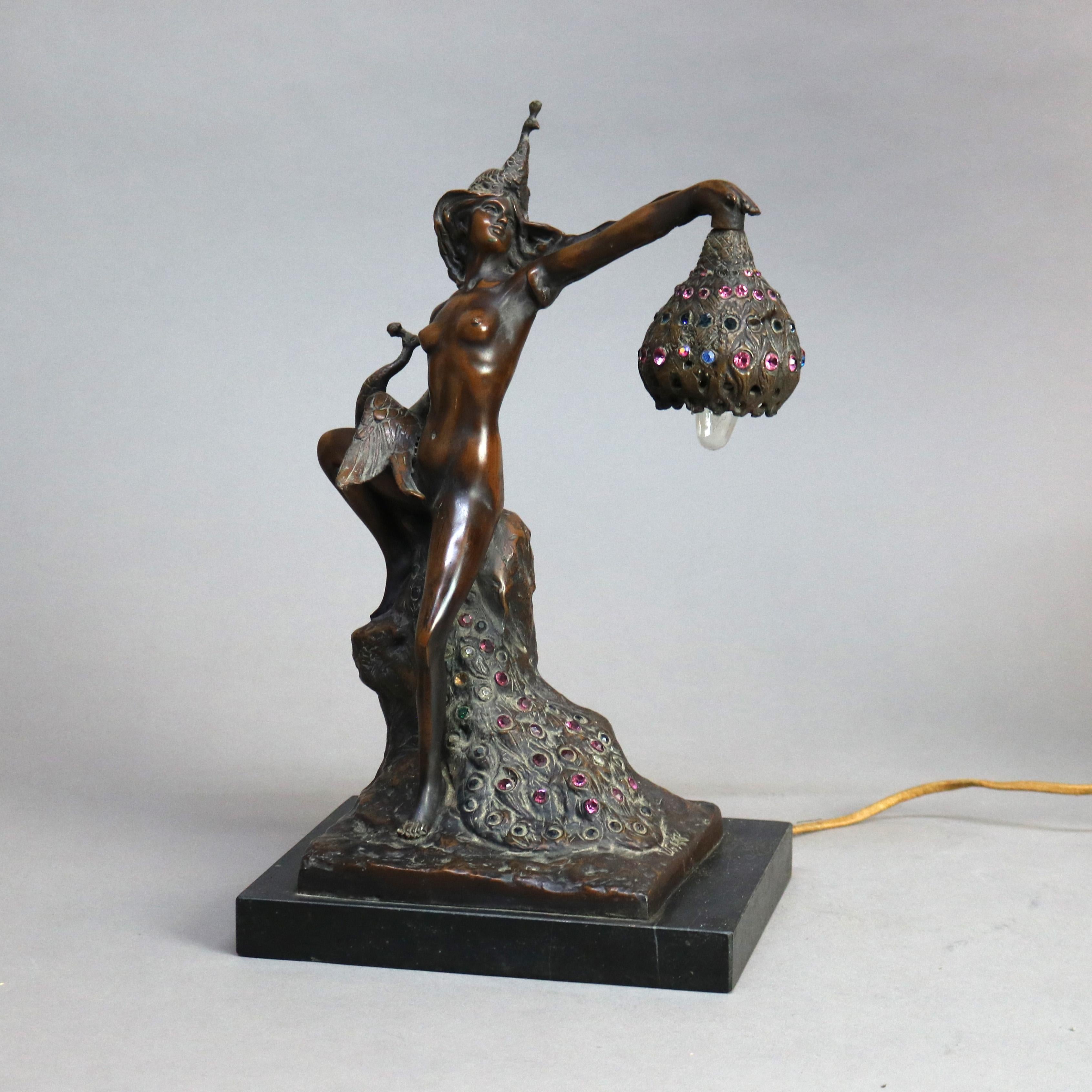 American Antique Art Nouveau Bronze & Jeweled Figural Table Lamp with Dancing Woman C1900