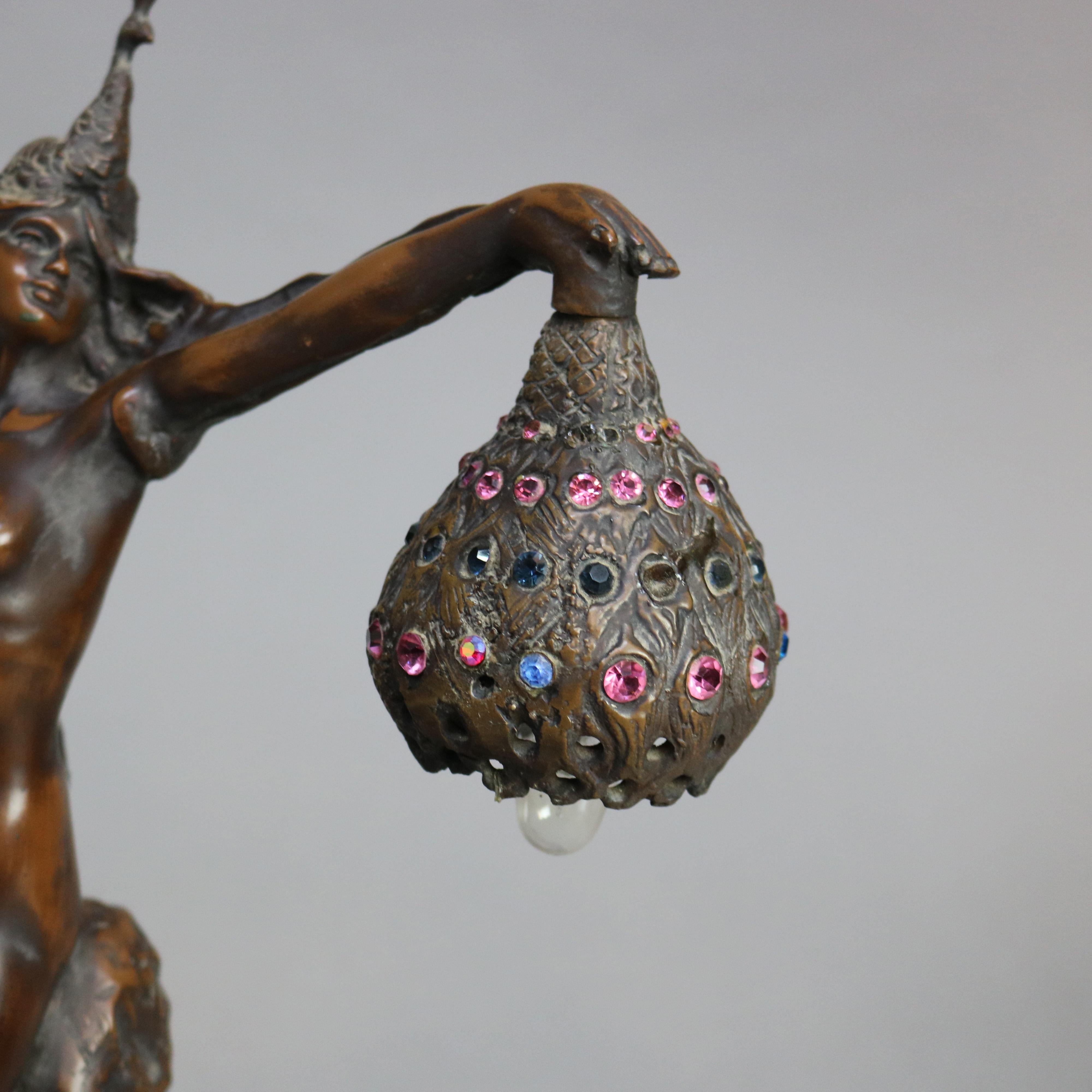 Antique Art Nouveau Bronze & Jeweled Figural Table Lamp with Dancing Woman C1900 In Good Condition In Big Flats, NY