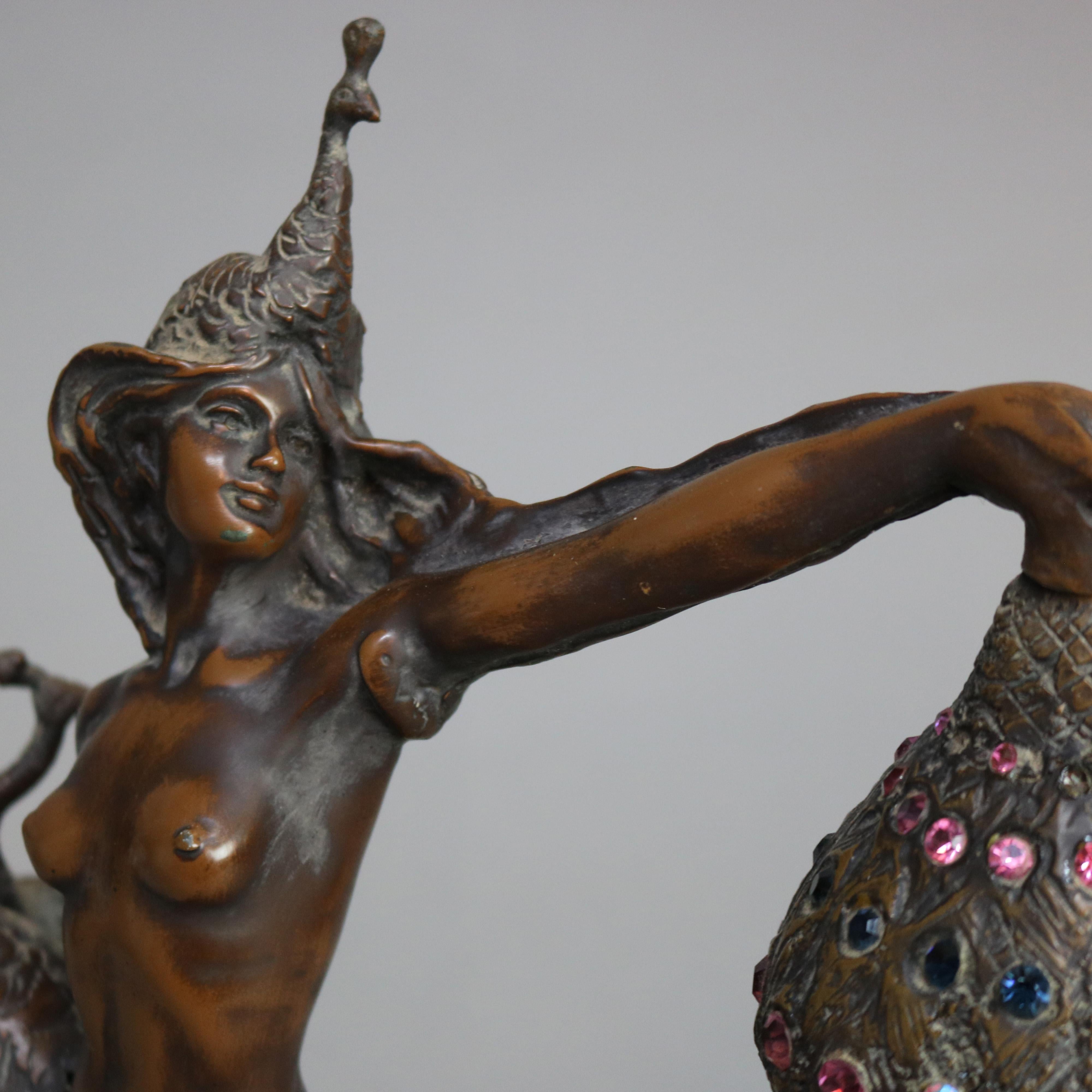 20th Century Antique Art Nouveau Bronze & Jeweled Figural Table Lamp with Dancing Woman C1900