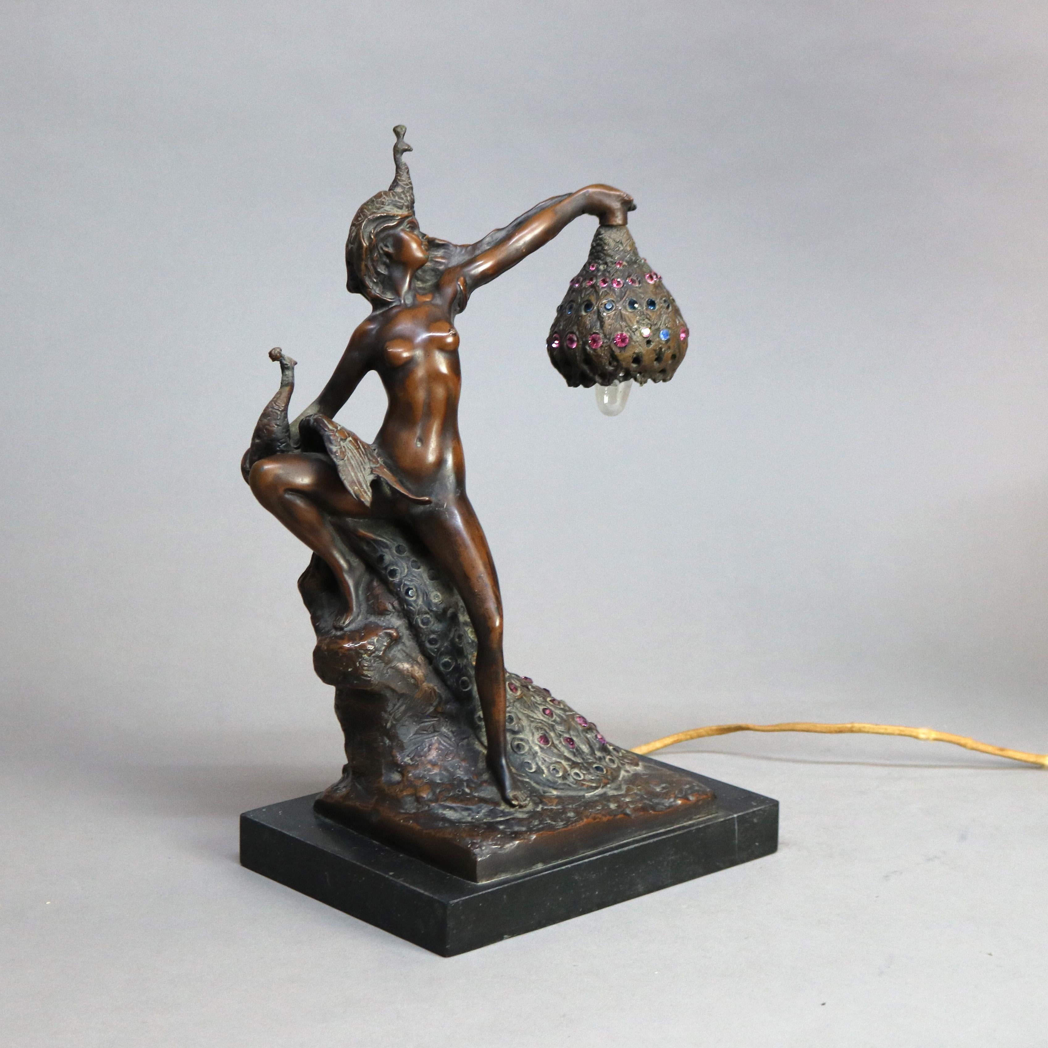 Antique Art Nouveau Bronze & Jeweled Figural Table Lamp with Dancing Woman C1900 3