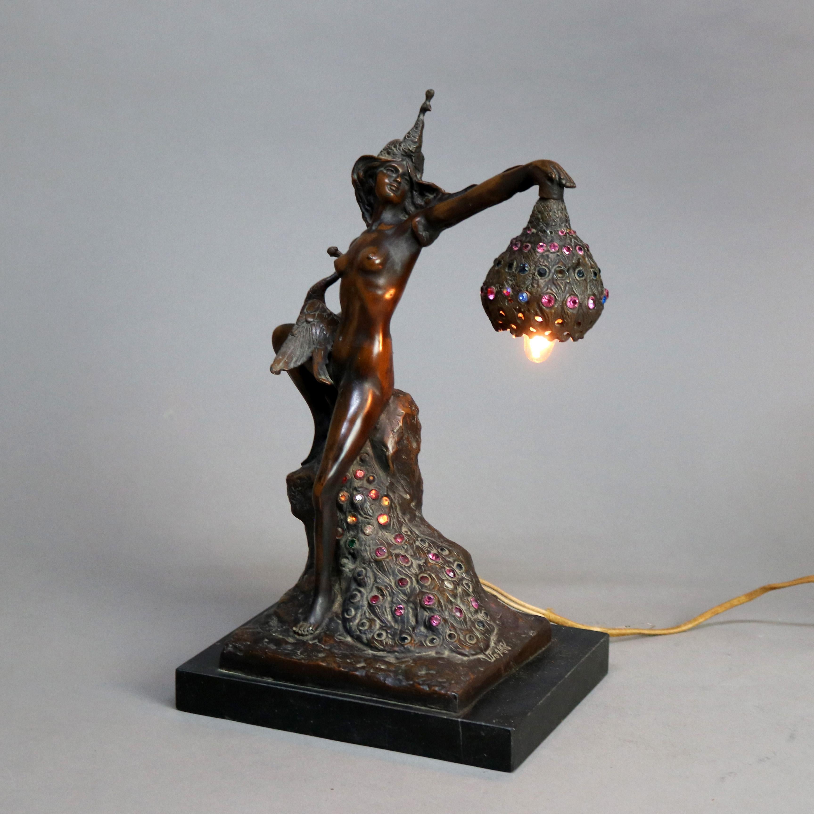 Antique Art Nouveau Bronze & Jeweled Figural Table Lamp with Dancing Woman C1900 4