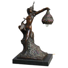 Antique Art Nouveau Bronze & Jeweled Figural Table Lamp with Dancing Woman C1900