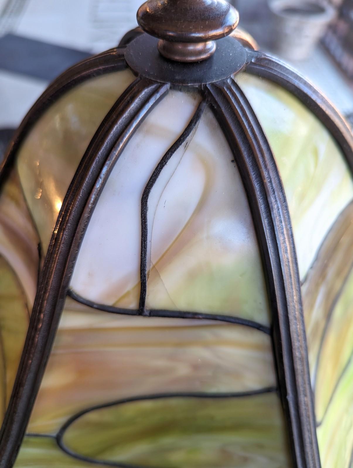 Antique Art Nouveau Bronze Table Lamp Lily Green Slag Glass Tiffany Style 5