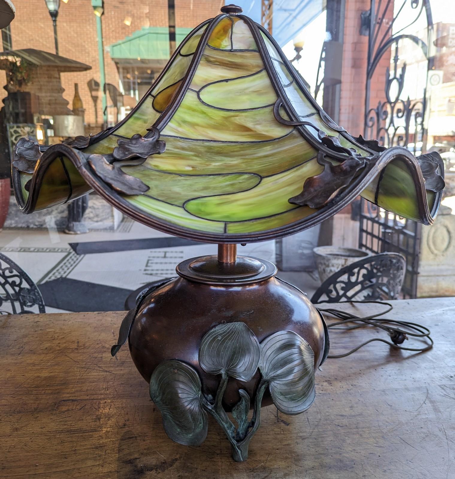 green slag glass lamp