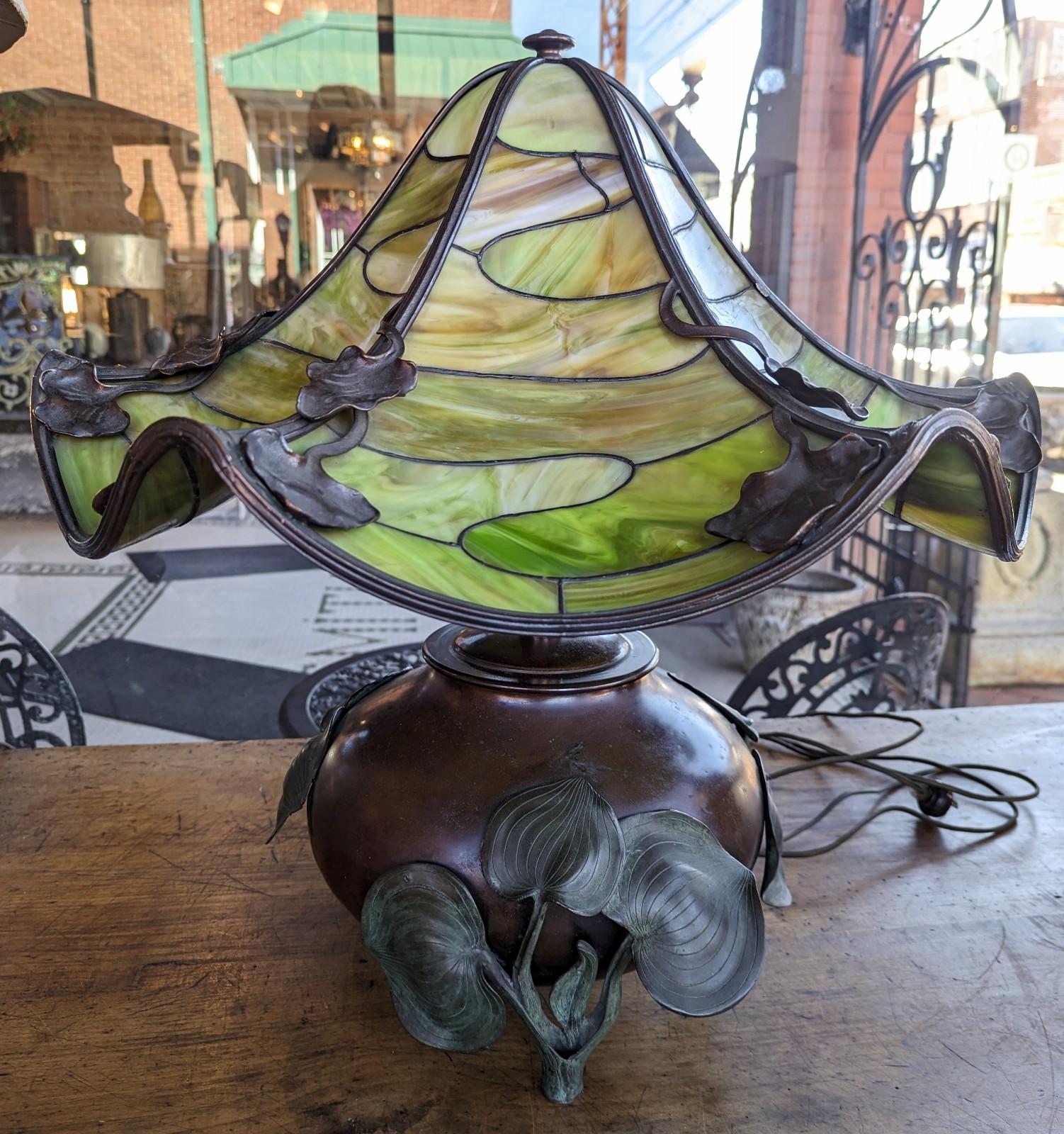 European Antique Art Nouveau Bronze Table Lamp Lily Green Slag Glass Tiffany Style