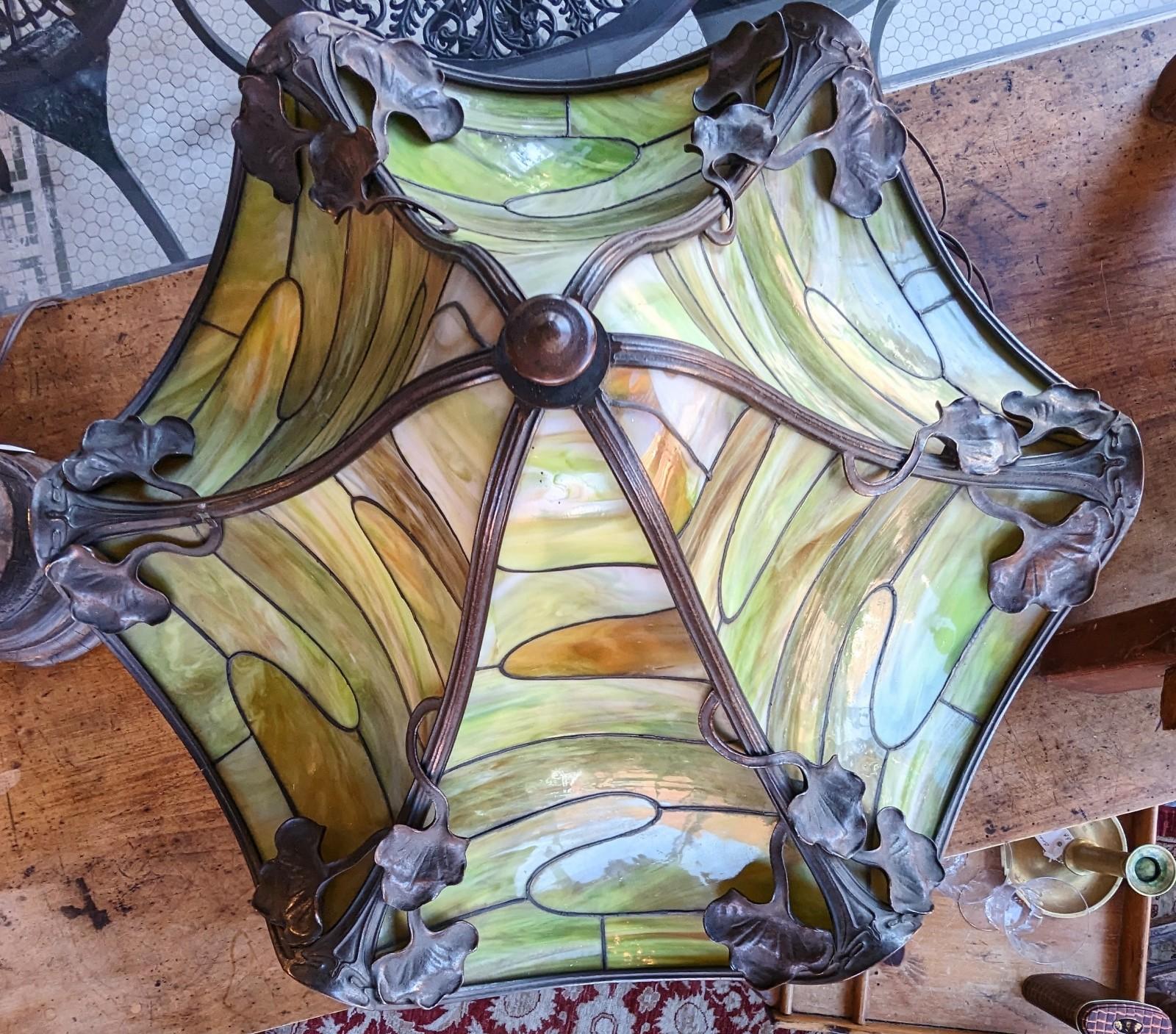 Antique Art Nouveau Bronze Table Lamp Lily Green Slag Glass Tiffany Style 1