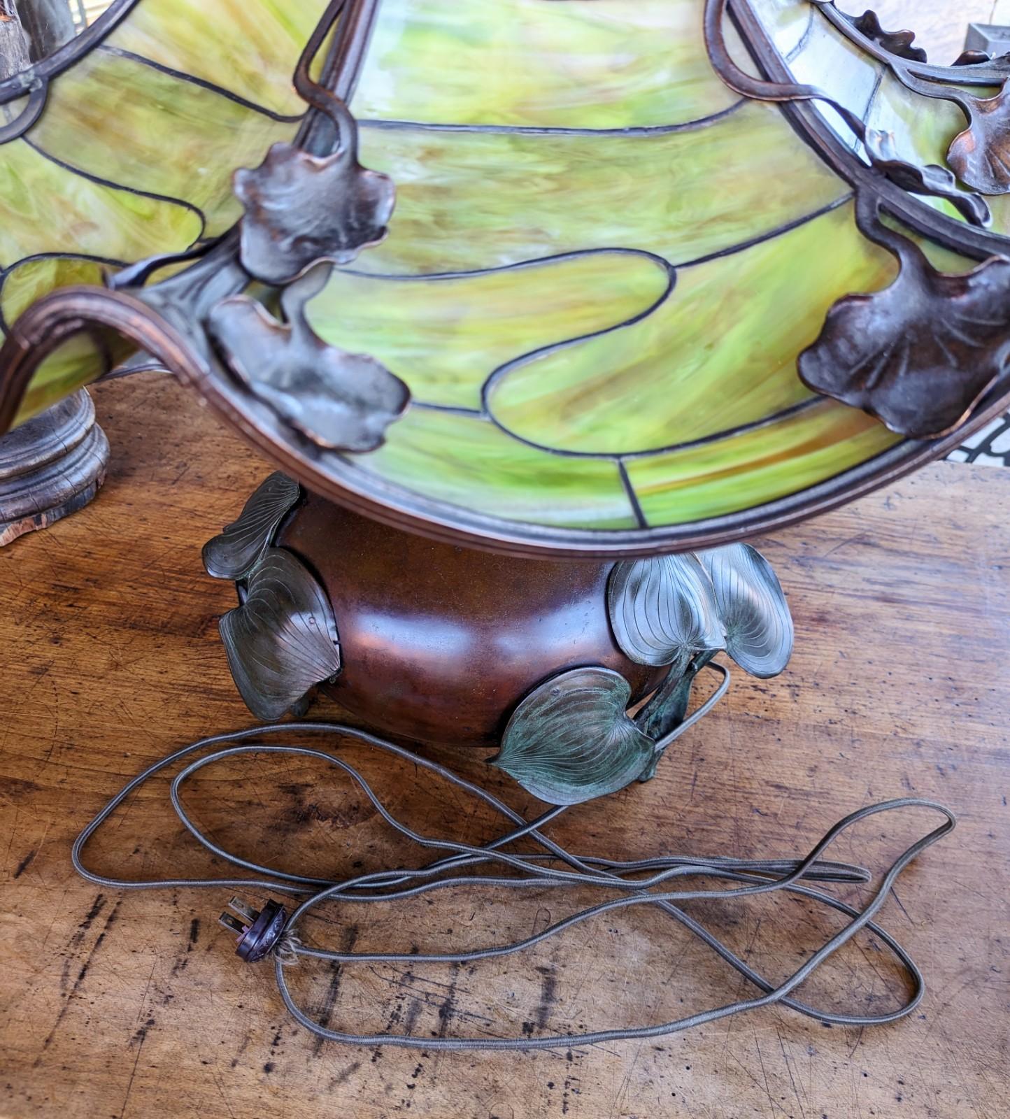 Antique Art Nouveau Bronze Table Lamp Lily Green Slag Glass Tiffany Style 2