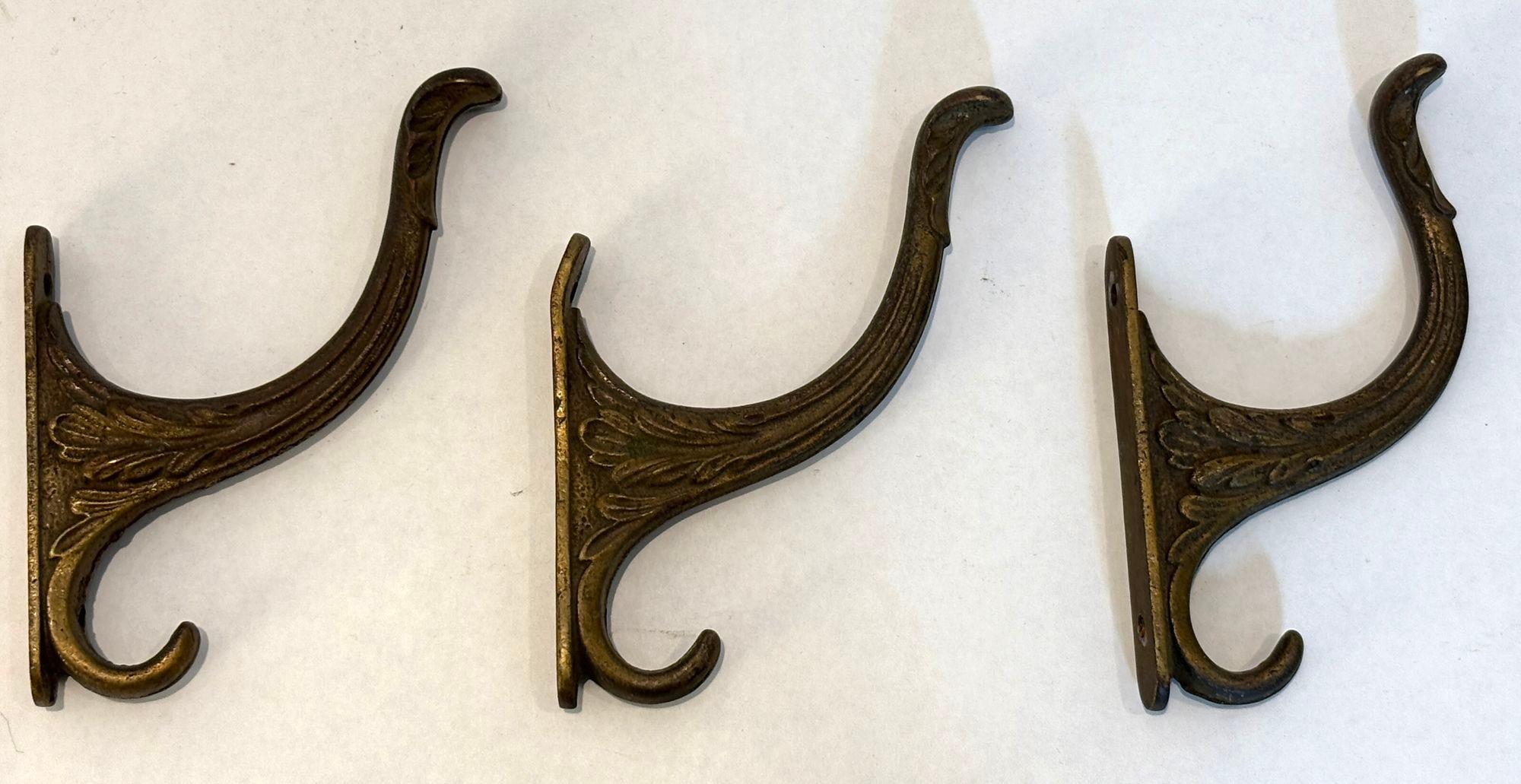 Cast Antique Art Nouveau Bronze Wall Hooks Hat or Coat Hanger Set of 3 For Sale