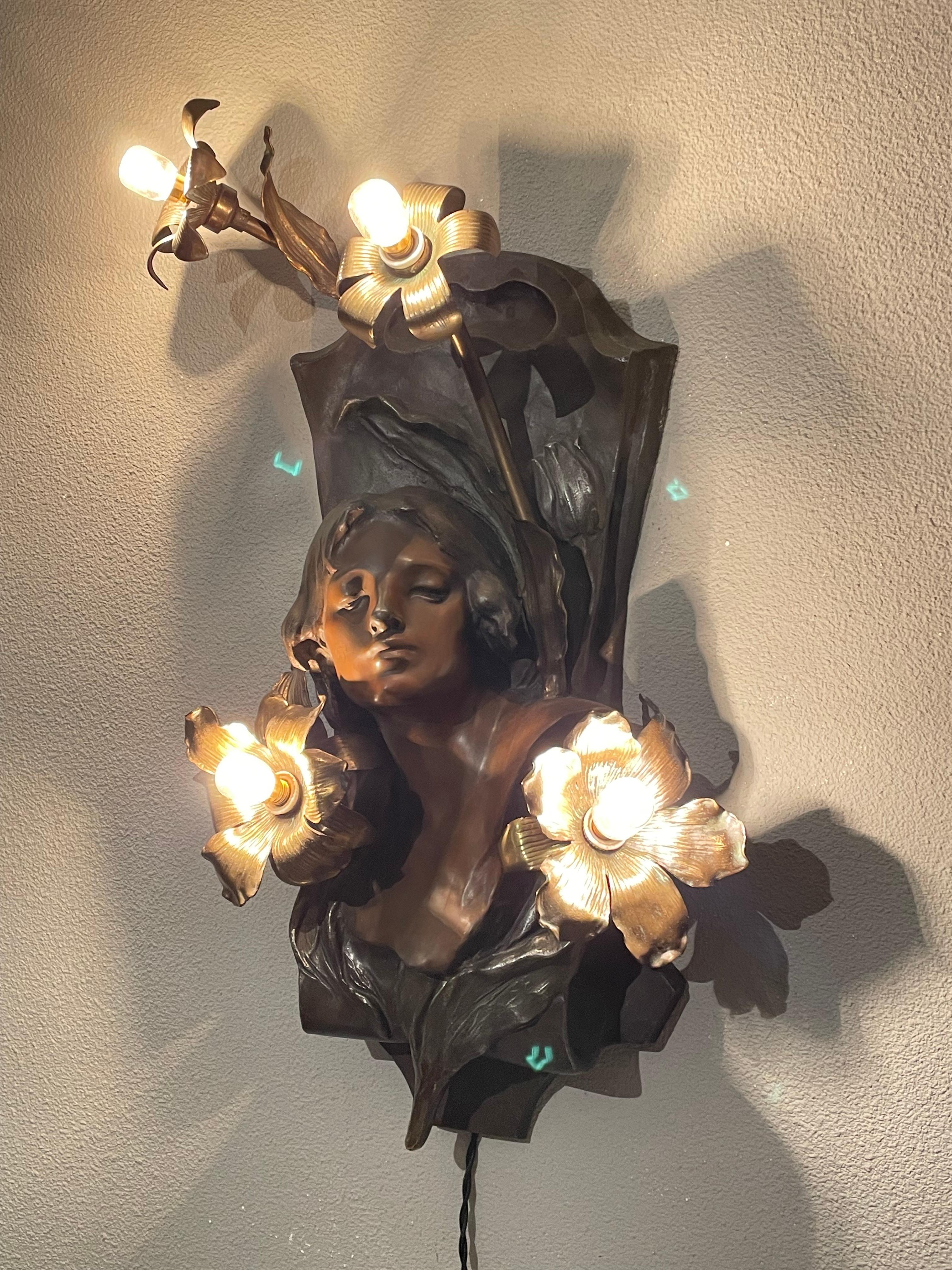 Large and stunningly sculptured, late 1800s or early 1900s wall light.

This extremely rare and impressive work of lighting art was made and marked by an artist that must have been at the top of his game in the late 19th or early 20th century.