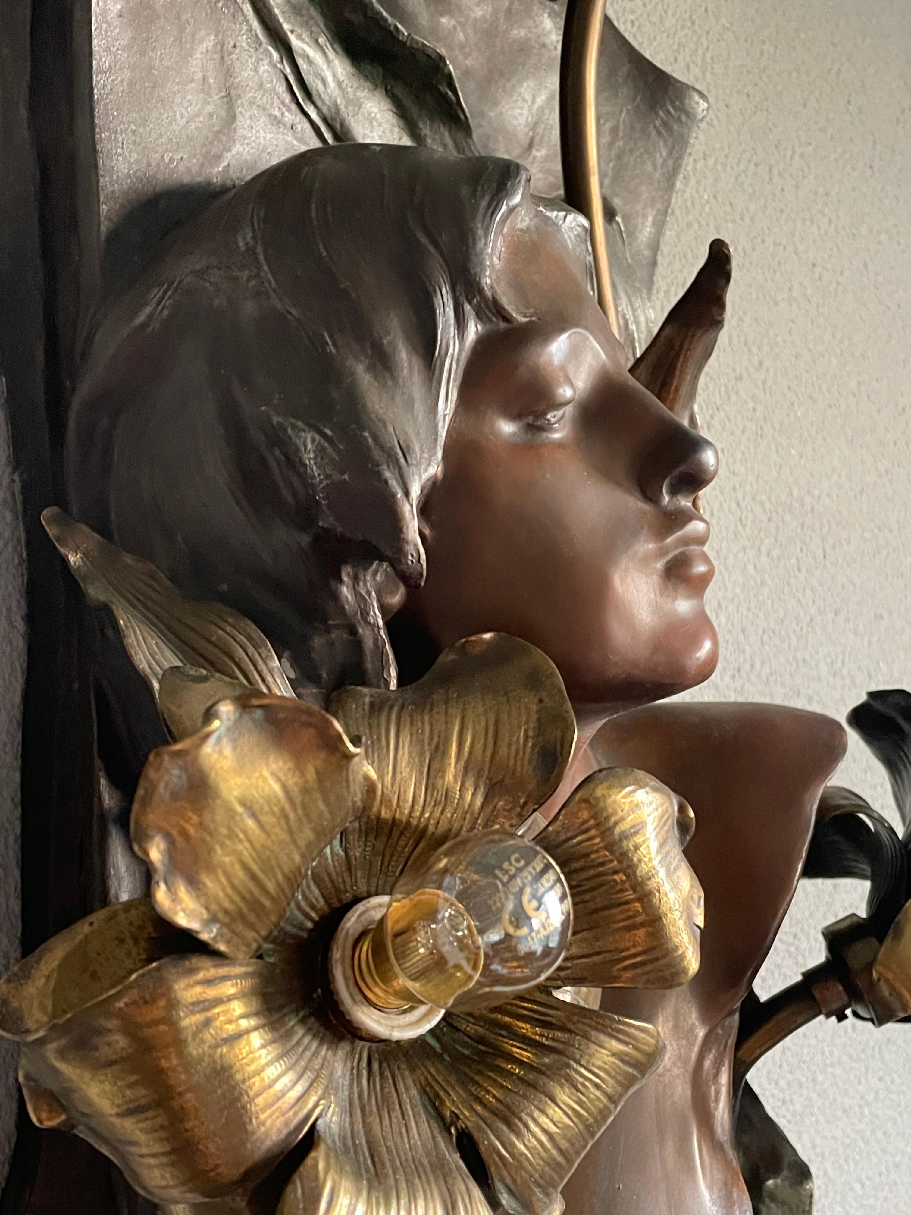 Antique Art Nouveau Bronzed 4 Light Female Sculpture & Lily Flowers Wall Lamp 1