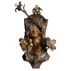 Antique Art Nouveau Bronzed 4 Light Female Sculpture & Lily Flowers Wall Lamp