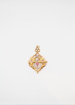 Antique Art Nouveau Brooch in 14K Gold with Pink Sapphire and Diamonds  Floral