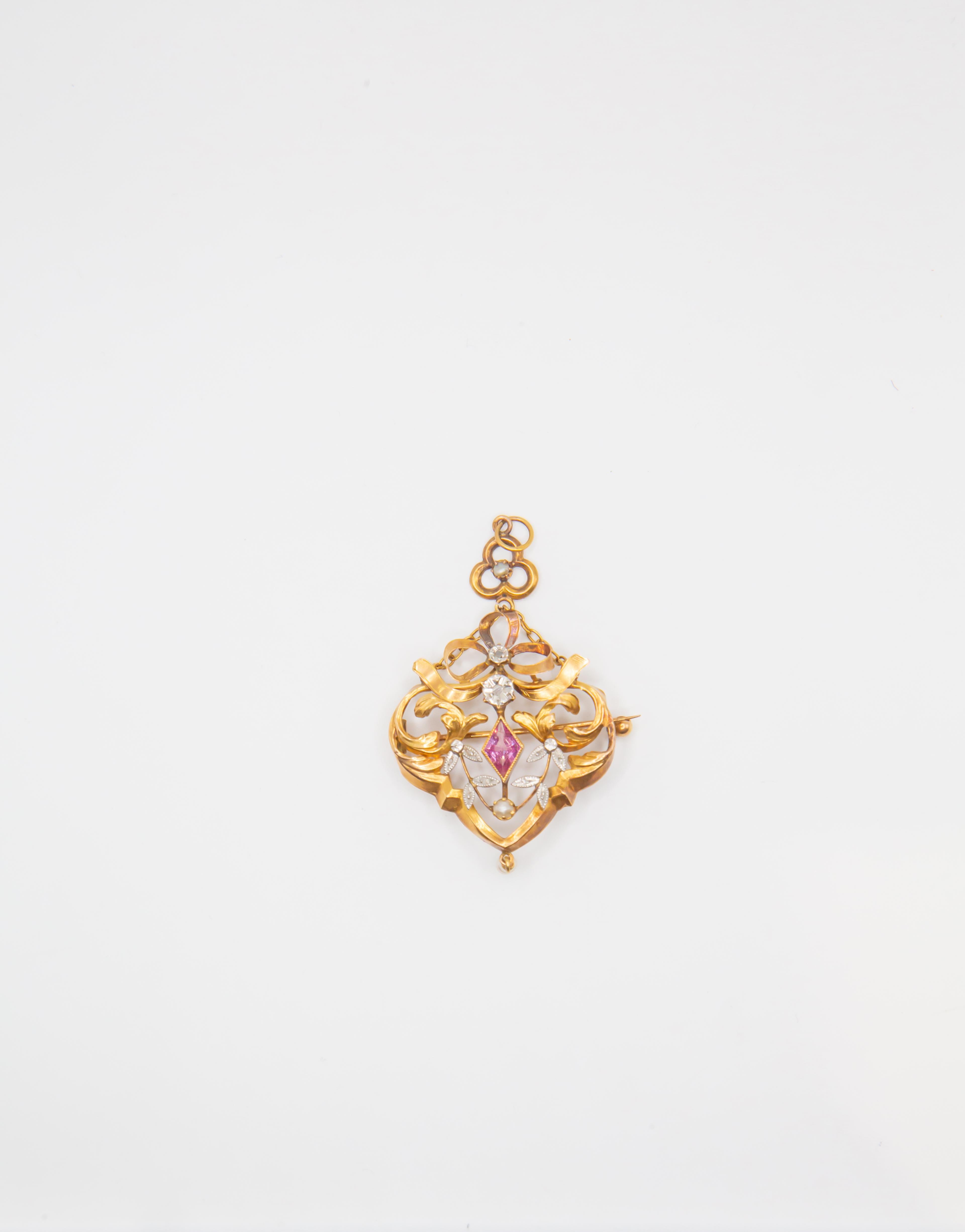 Taglio cuscino antico Spilla antica Art Nouveau in oro 14K con zaffiro rosa e diamanti  Floreale in vendita