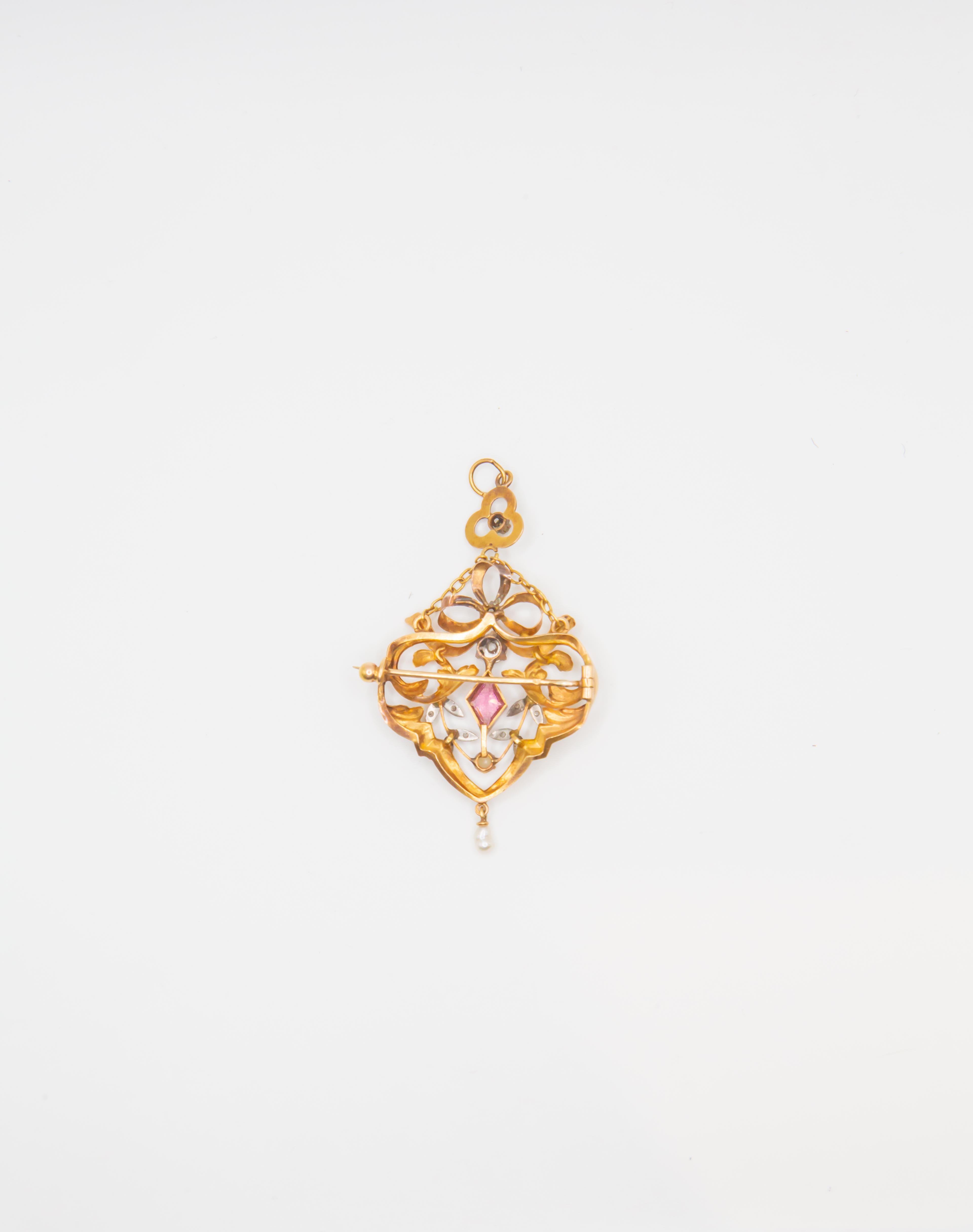 Spilla antica Art Nouveau in oro 14K con zaffiro rosa e diamanti  Floreale In condizioni ottime in vendita a Jacksonville, FL