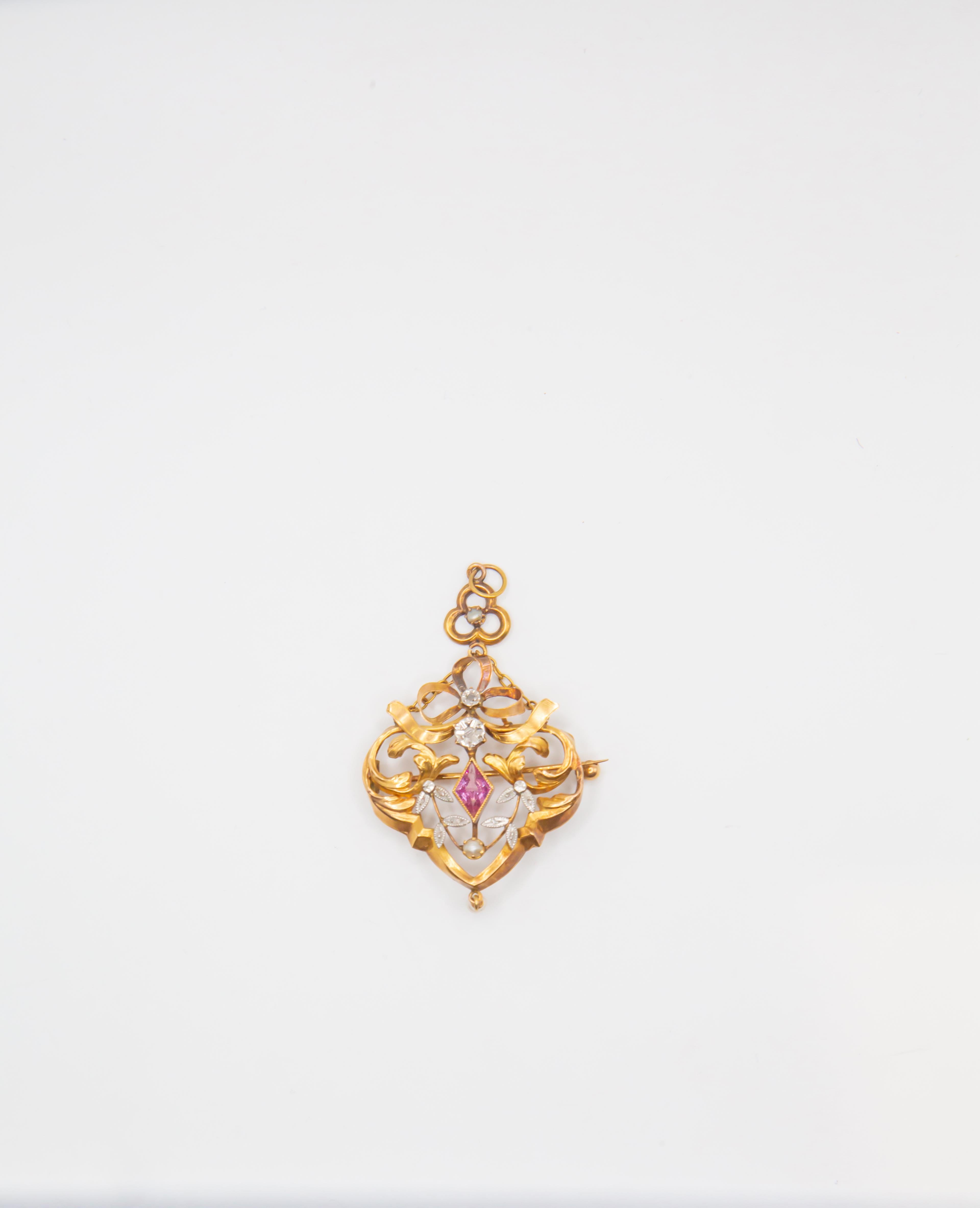 Donna Spilla antica Art Nouveau in oro 14K con zaffiro rosa e diamanti  Floreale in vendita