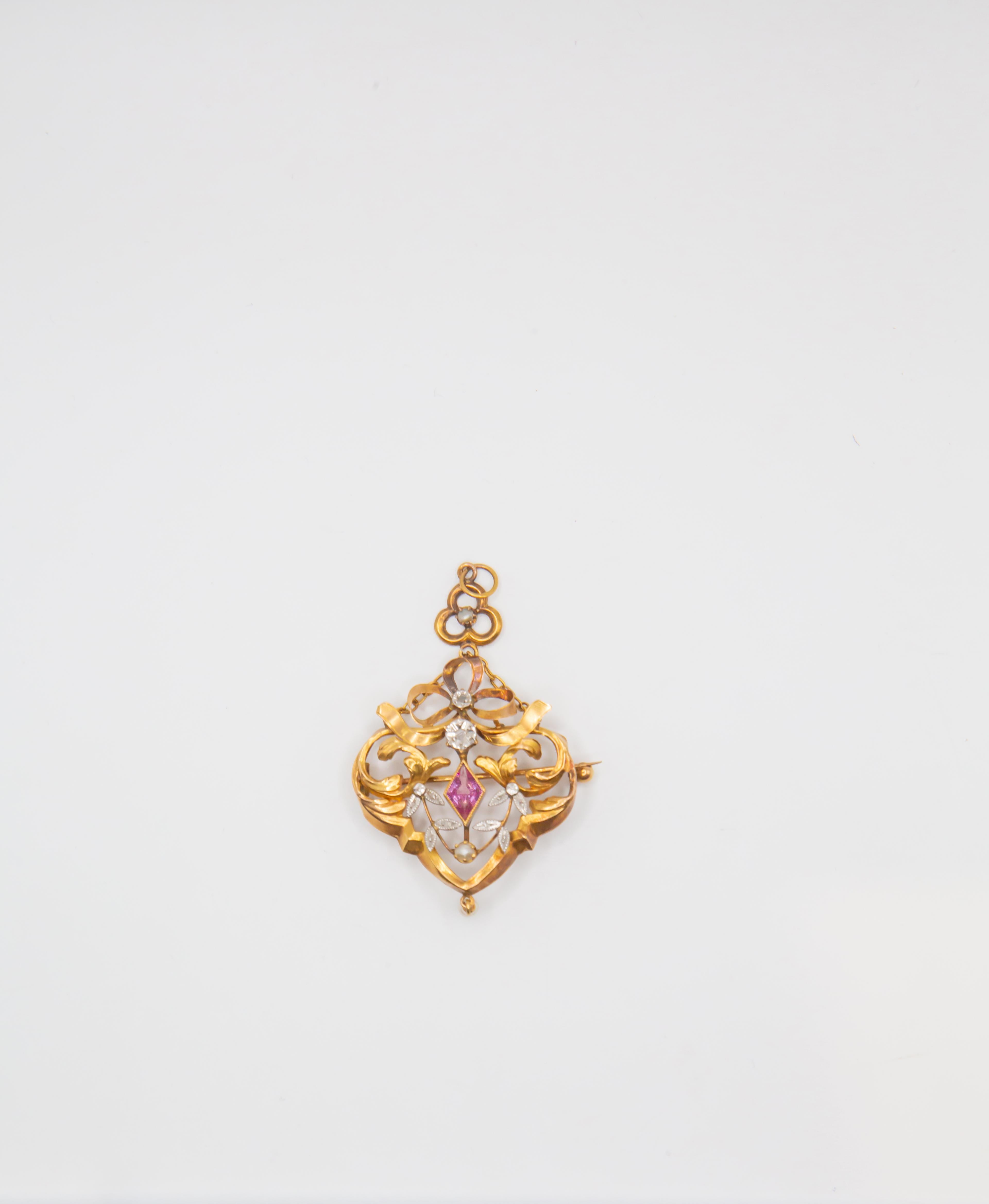 Spilla antica Art Nouveau in oro 14K con zaffiro rosa e diamanti  Floreale in vendita 1
