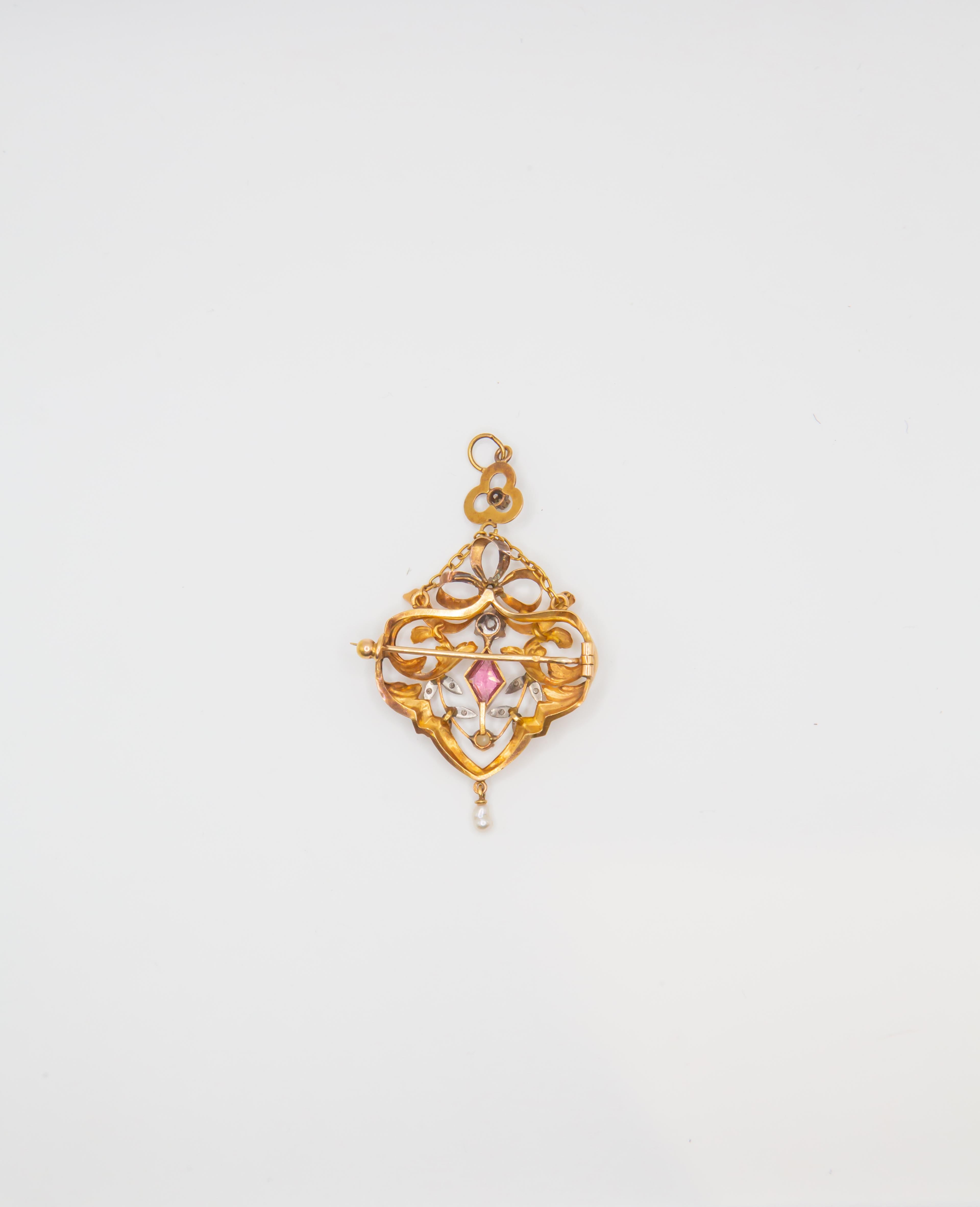 Spilla antica Art Nouveau in oro 14K con zaffiro rosa e diamanti  Floreale in vendita 2