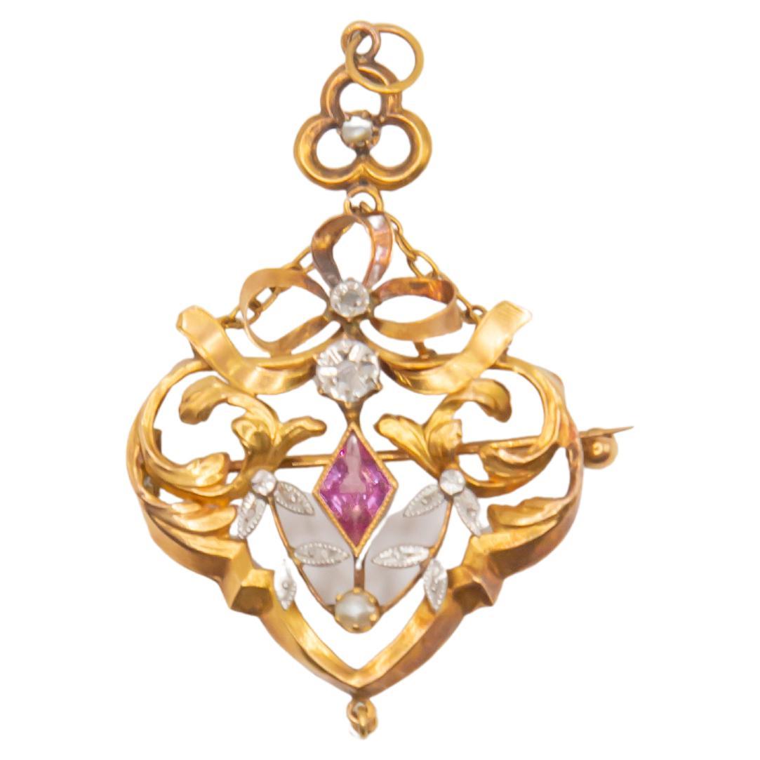 Spilla antica Art Nouveau in oro 14K con zaffiro rosa e diamanti  Floreale in vendita