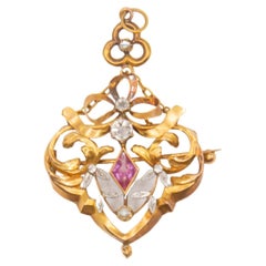 Antique Art Nouveau Brooch in 14K Gold with Pink Sapphire and Diamonds  Floral
