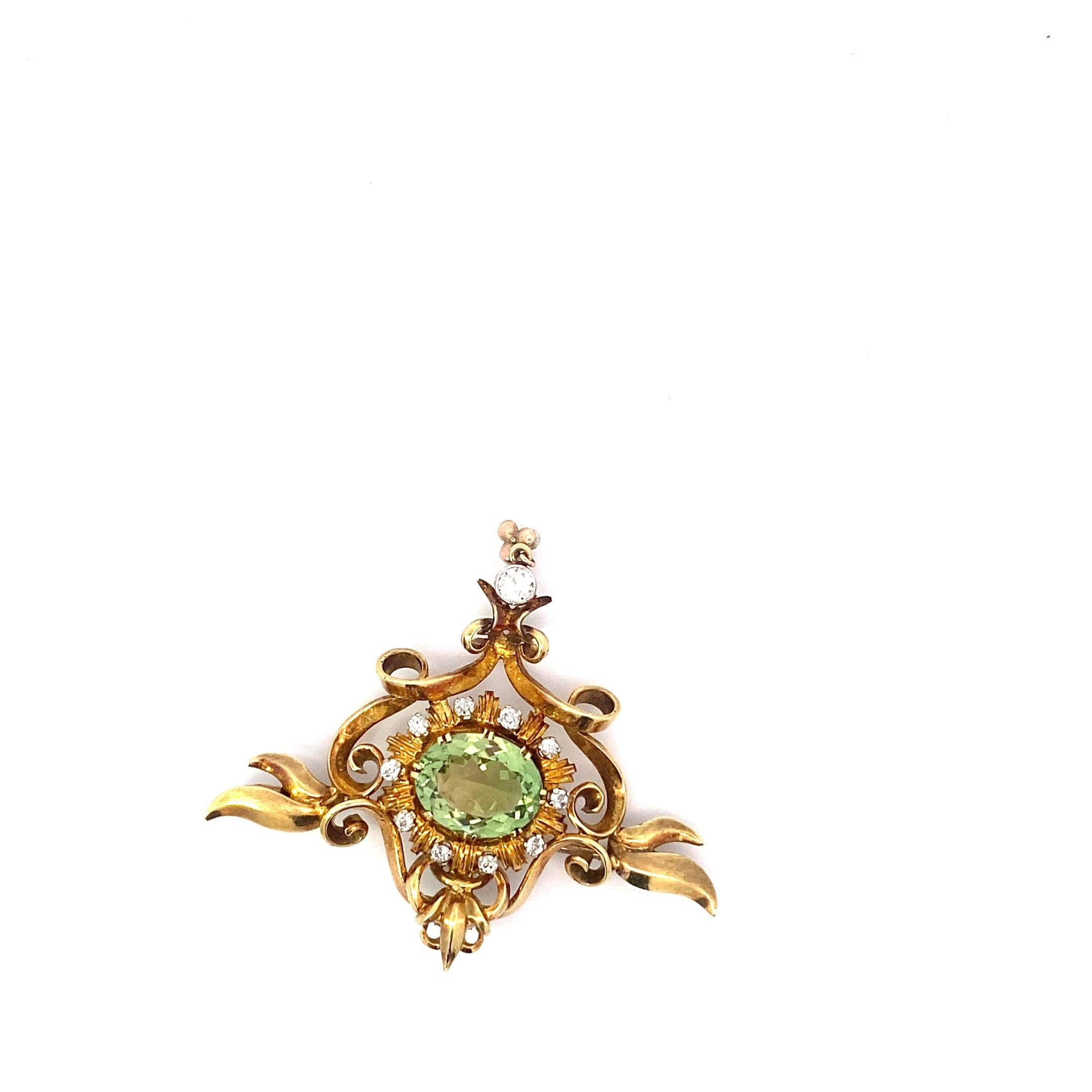 Brilliant Cut Antique Art Nouveau Brooch, Peridot, Diamonds, Seed Pearls  For Sale