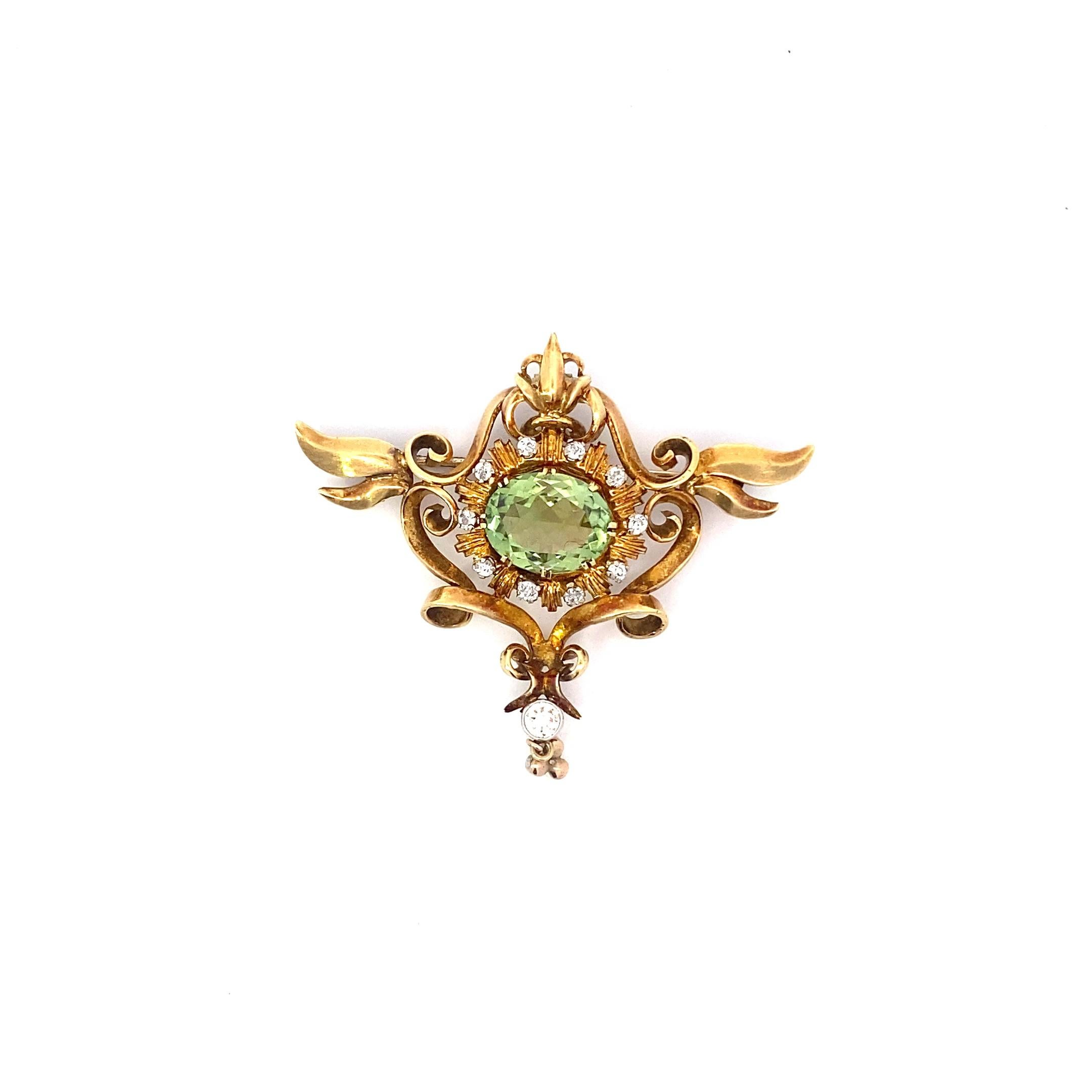 Women's or Men's Antique Art Nouveau Brooch, Peridot, Diamonds, Seed Pearls  For Sale