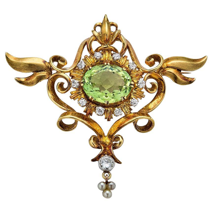 Antique Art Nouveau Brooch, Peridot, Diamonds, Seed Pearls  For Sale