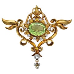 Vintage Art Nouveau Brooch, Peridot, Diamonds, Seed Pearls 