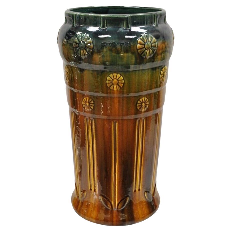 Antique Art Nouveau Brown & Green Majolica Pottery Walking Stick Umbrella Stand For Sale