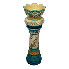 Antique Art Nouveau Burmantofts Faience Majolica Pottery Stand & Jardiniere 1895