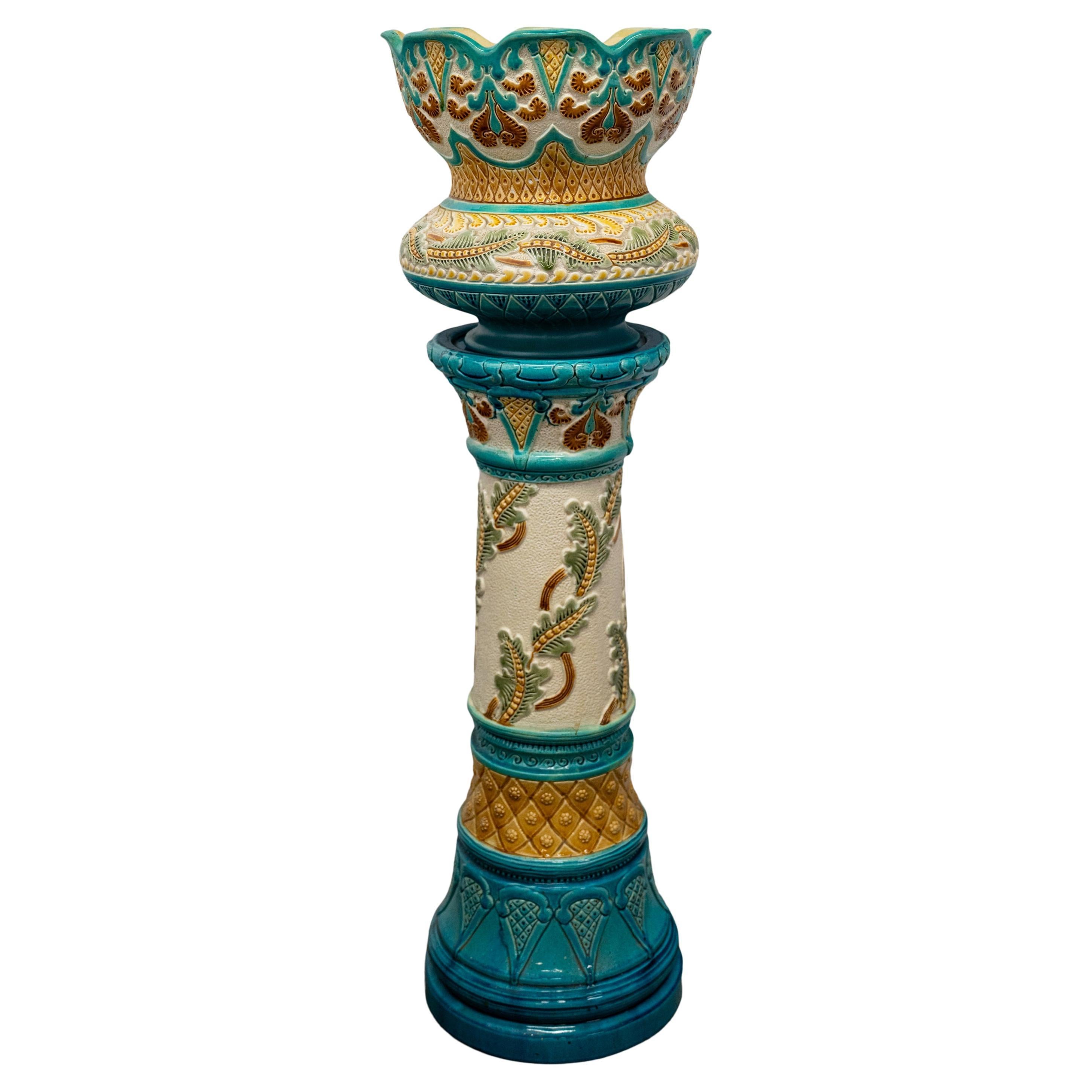 Antique Art Nouveau Burmantofts Faience Majolica Pottery Stand & Jardiniere 1895 For Sale